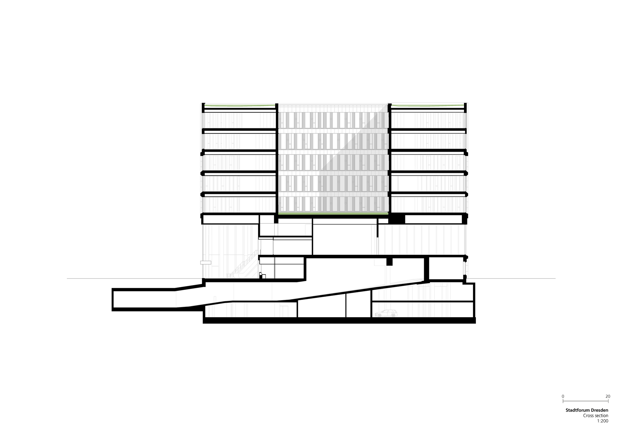 Cross section drawing showing stacked office floors above a sloping basement ramp and underground levels, with green roof strips at the top