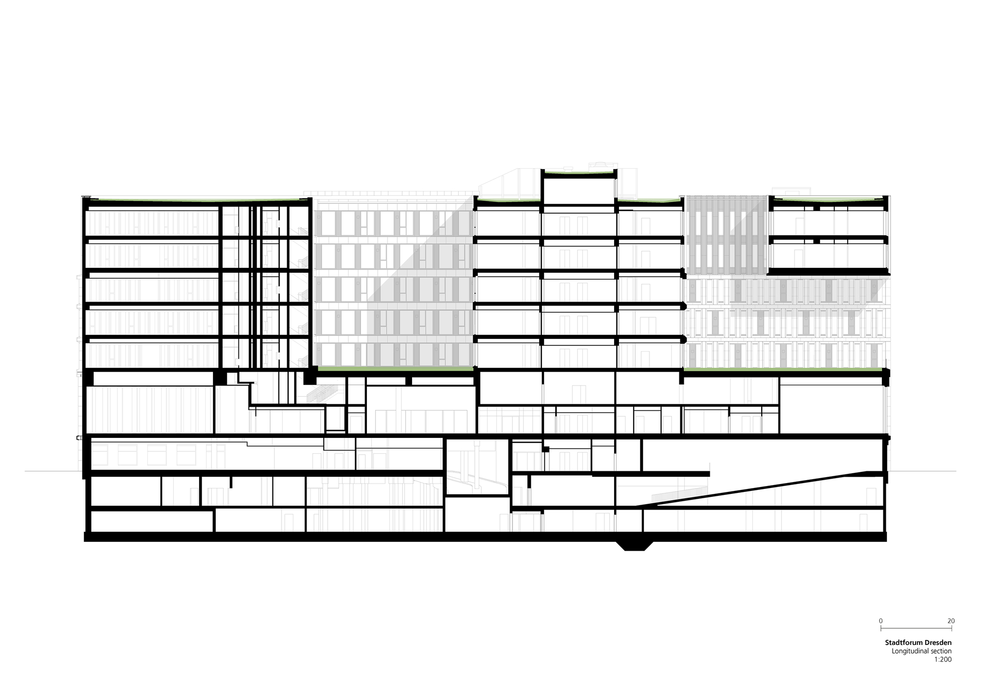 Longitudinal section drawing showing stacked office floors, green roofs and a deep multi-level basement with ramped and stepped underground spaces