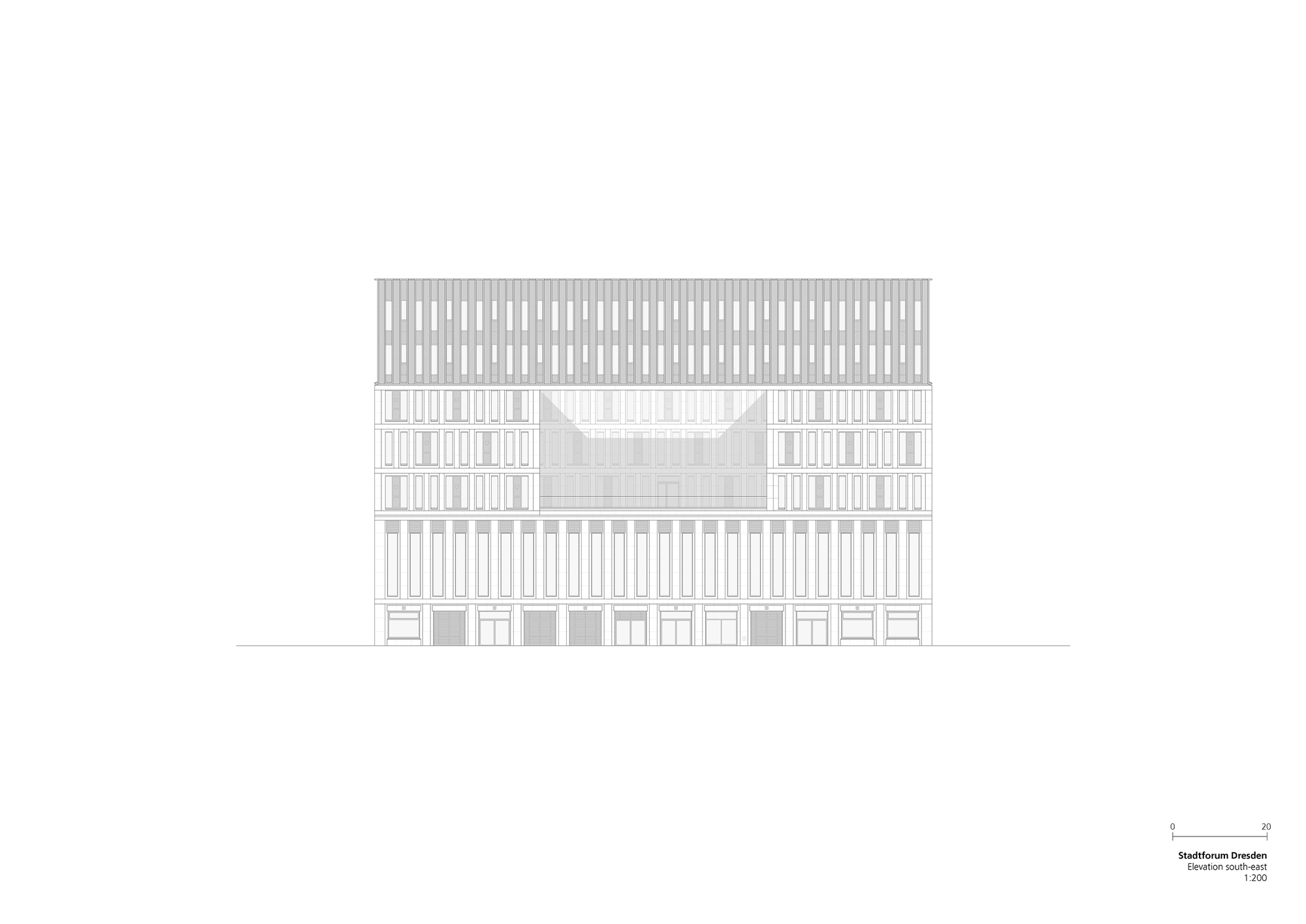 Elevation drawing of a symmetrical facade with a tall ground-floor colonnade, three bands of windows and a recessed glazed notch above