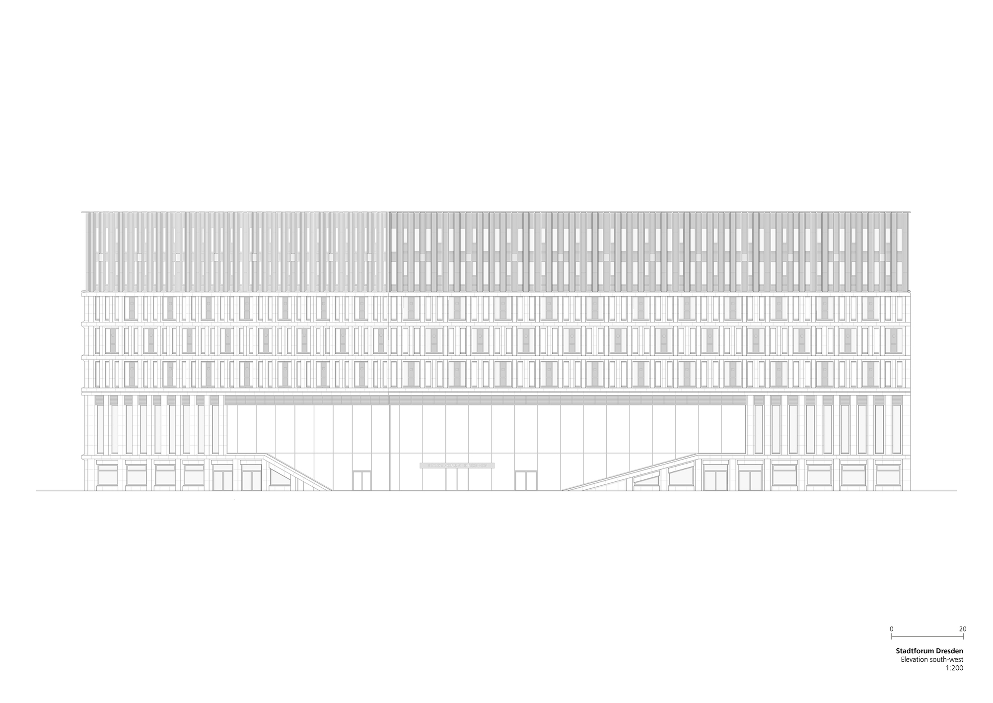 Elevation drawing of a long facade with a glazed central ground floor, flanking ramps and a ribbed upper volume of vertical windows