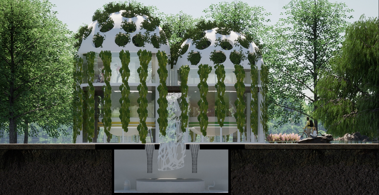 Section view of two domed pavilions with hanging vine columns above a basement room, with a cyclist passing beside willow trees. Image: Julia Janiszewska