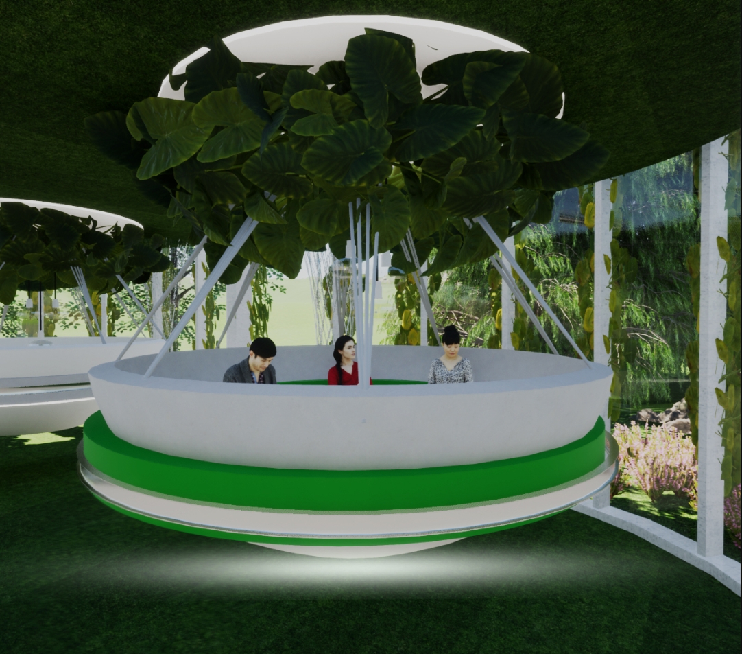 Suspended round white pod with a green band, three seated people and a canopy of broad leaves overhead, glazed wall beyond. Image: Julia Janiszewska
