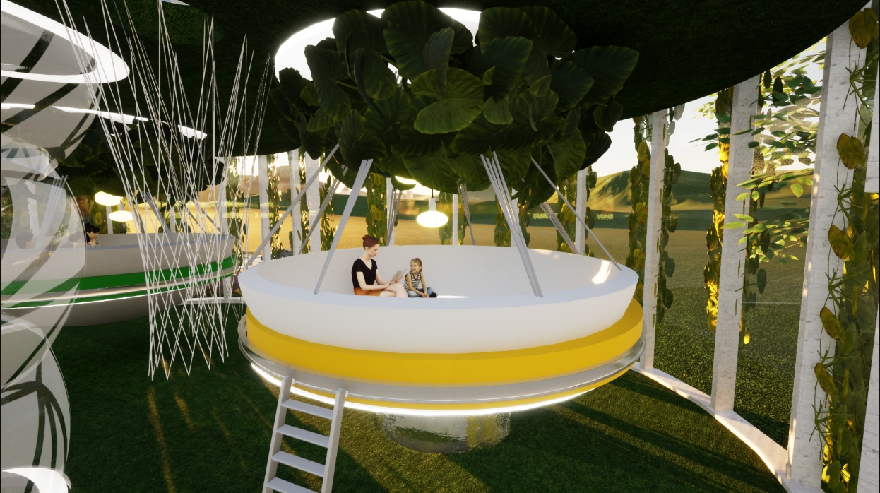 Raised bowl-shaped seating pod with a yellow band and a ladder, where a woman and child sit beneath hanging leaves at dusk. Image: Julia Janiszewska