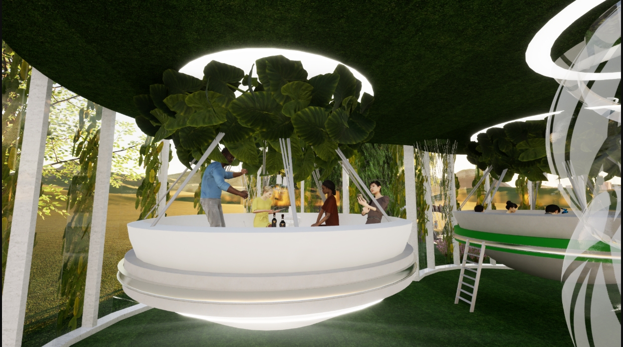 Group standing around a floating white pod with bottles on its rim, under a moss-covered ceiling and a leafy canopy in daylight. Image: Julia Janiszewska