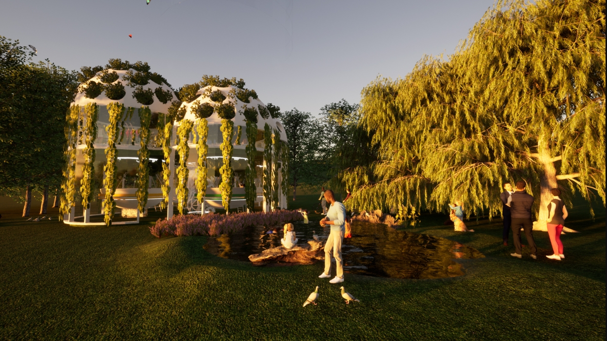 Two vine-draped domed pavilions beside a pond with a willow tree, pigeons and visitors on the lawn in low evening sun. Image: Julia Janiszewska