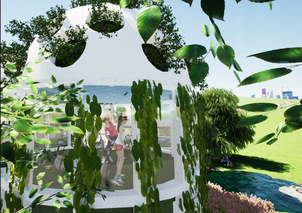 Rendering of a white domed pavilion with planted roof openings and glazed walls showing two people on exercise bikes, framed by willow leaves in daylight. Image: Julia Janiszewska