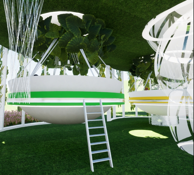 Rendering of a suspended white bowl pod with a green band, reached by a ladder, beneath a grass-covered canopy in sunlight. Image: Julia Janiszewska