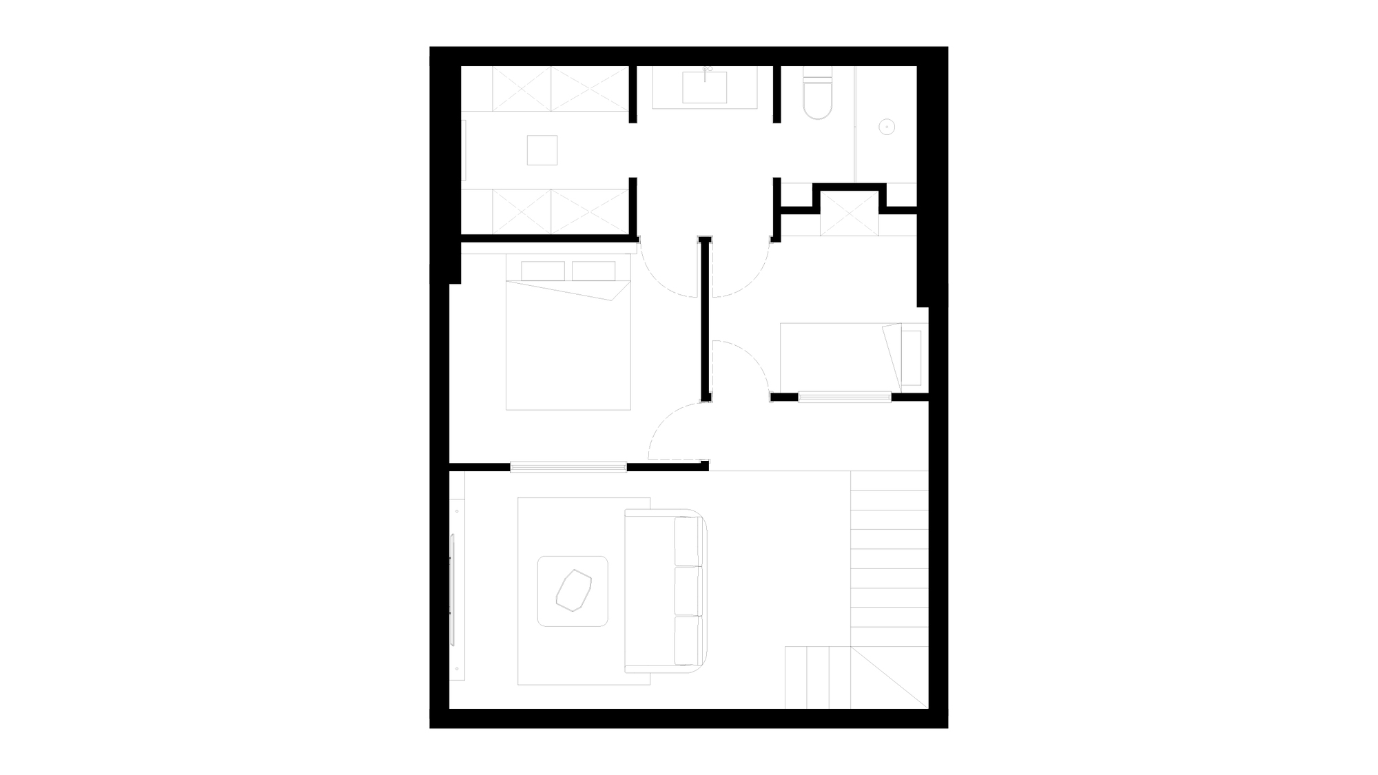 Upper floor plan drawing showing a bedroom, bathroom, dressing room, sitting area with sofa and the stair landing