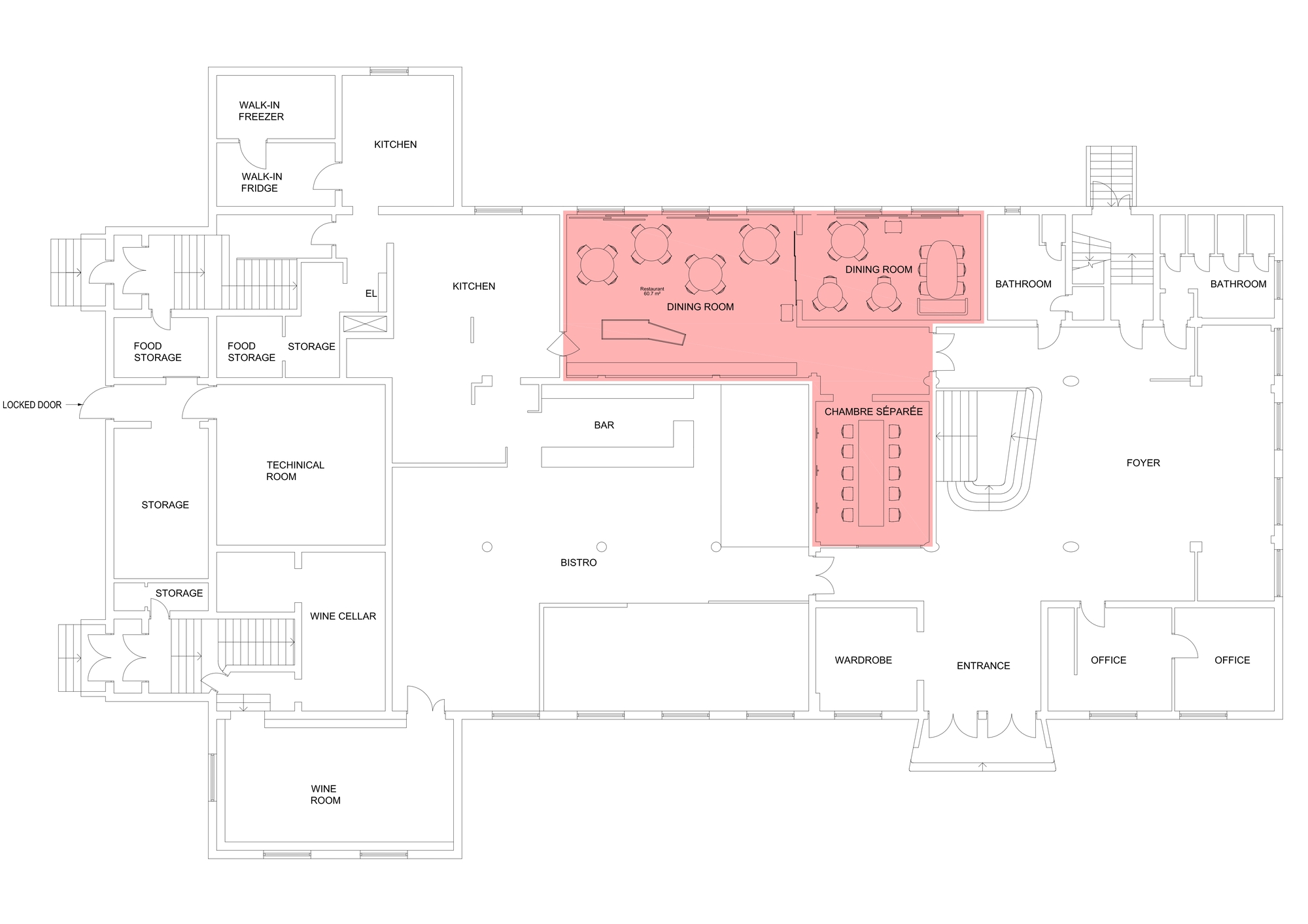 Floor plan drawing of a restaurant level with dining rooms highlighted in red beside kitchen, bistro, foyer and entrance