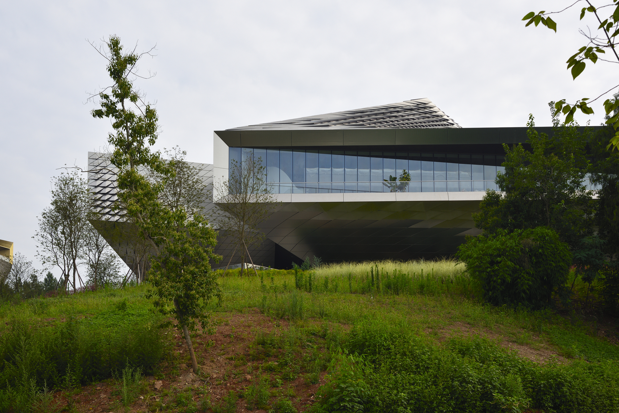 Cantilevered upper volume with a ribbon of glazing and a faceted metal roof above a grassy slope under overcast sky