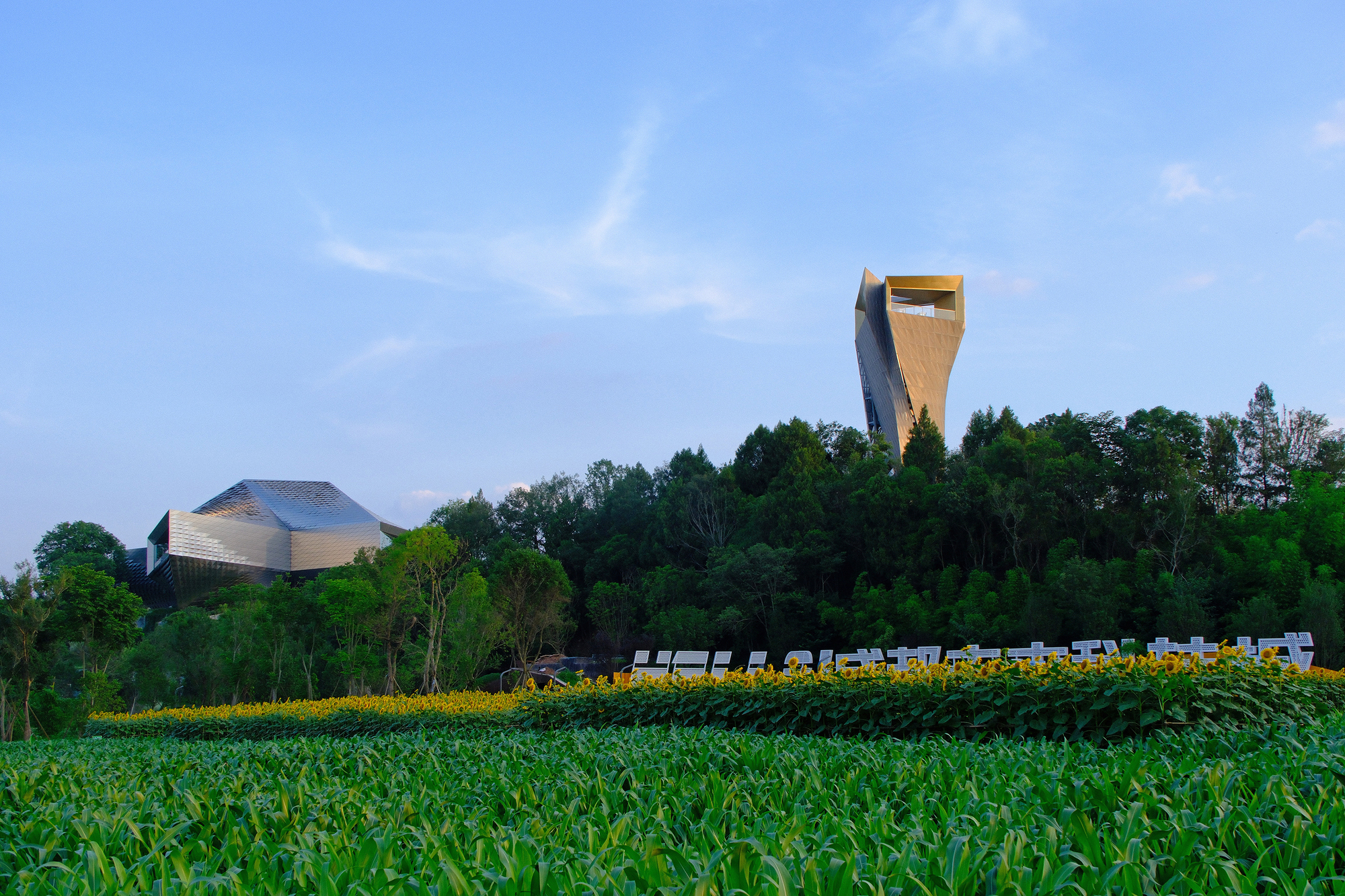 Faceted metal-clad pavilion and a hollow tapered tower rising above dark trees behind a sunflower field at dusk