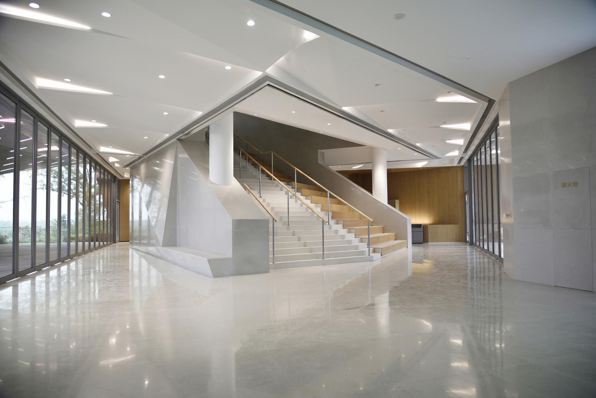 Wide stair with timber treads and steel handrails rising beside a white faceted wall in a glazed lobby with polished floor