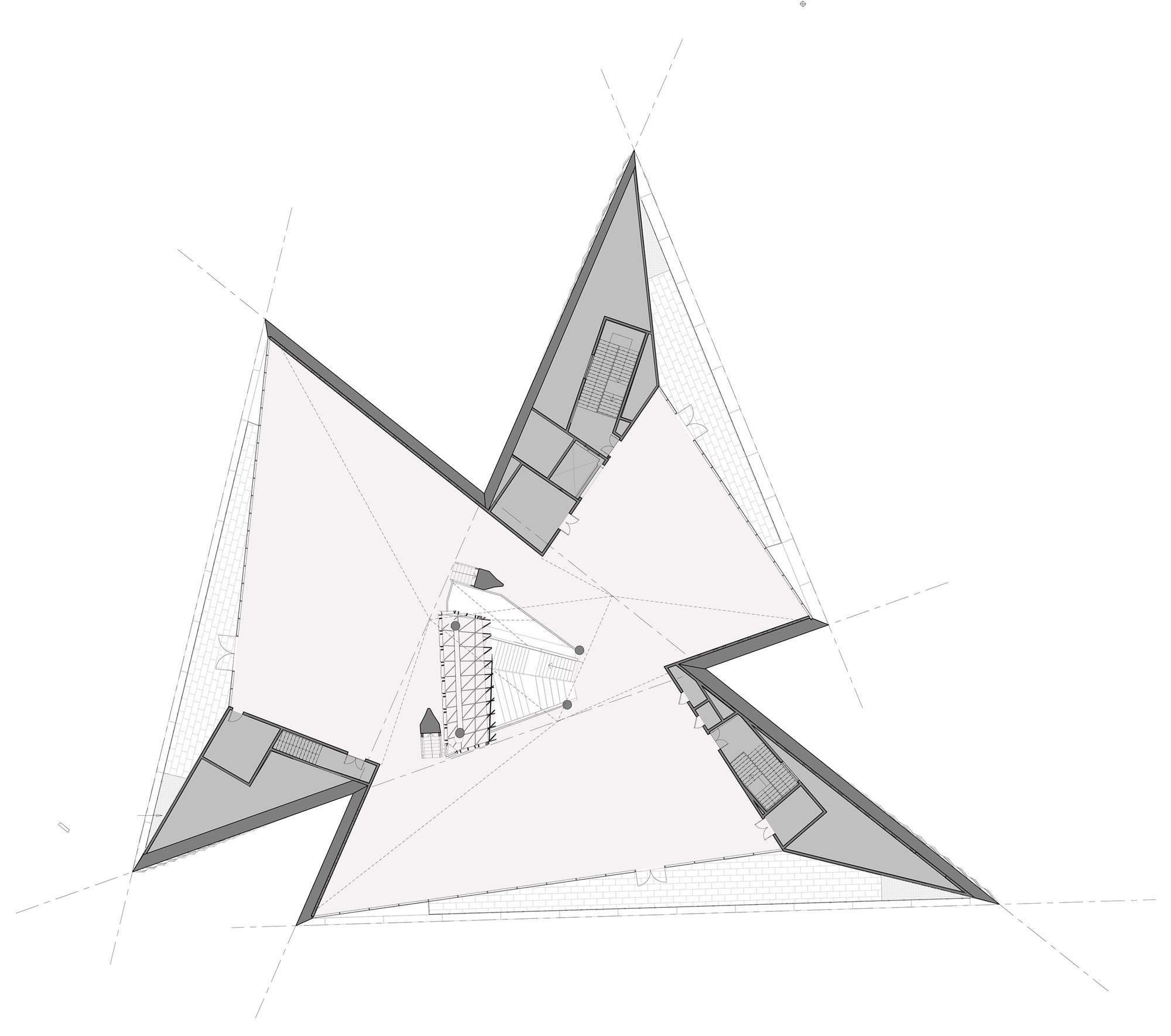 Floor plan drawing showing three pointed wedge-shaped volumes with stair cores spiraling around a central triangular opening