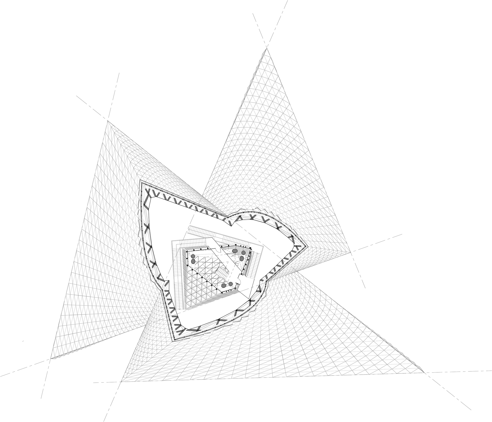 Roof plan drawing with a gridded shell sweeping out in three lobes around a truss-edged central opening