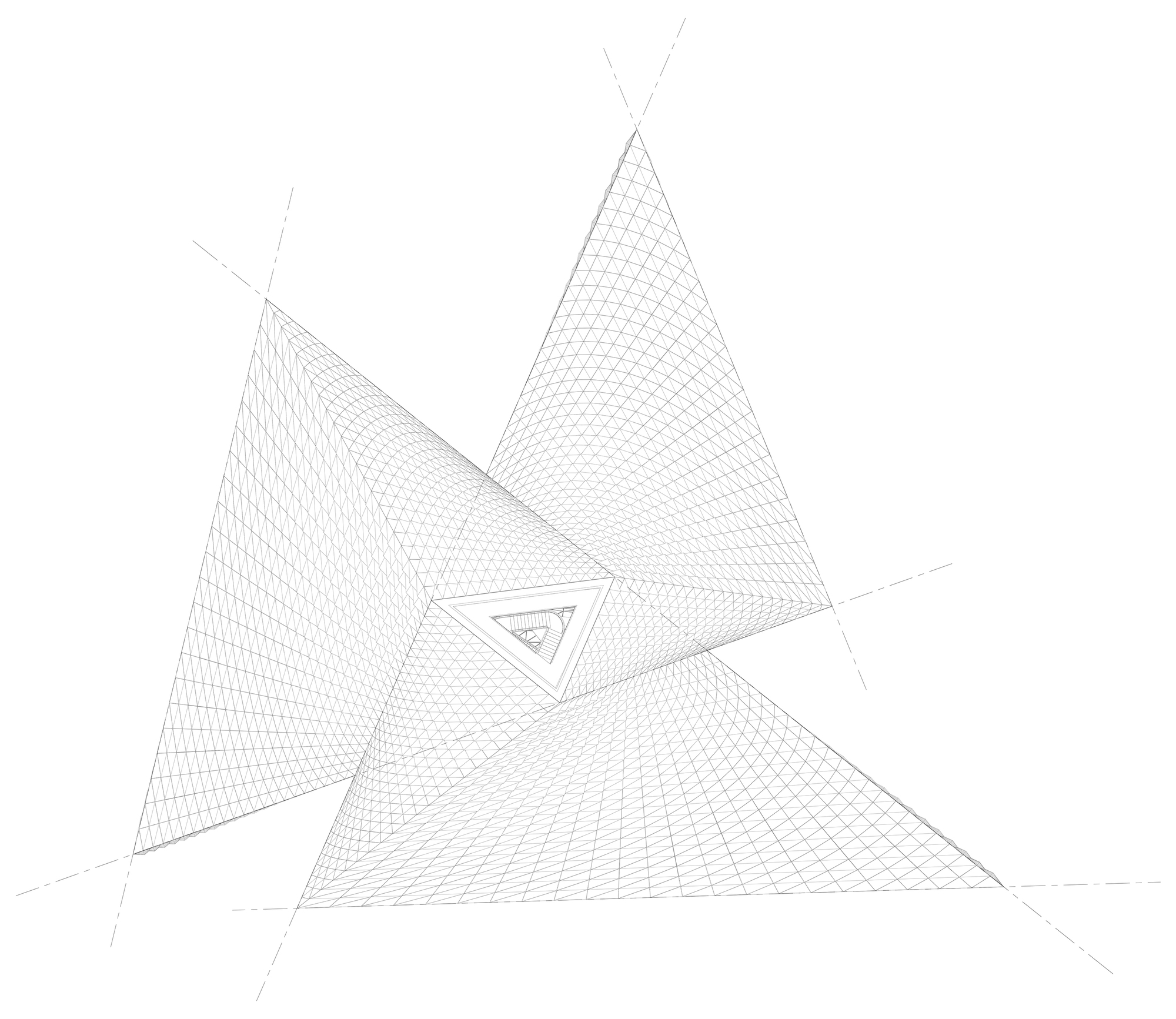 Axonometric line drawing of the gridshell roof, three folded planes converging on a small triangular skylight at the center
