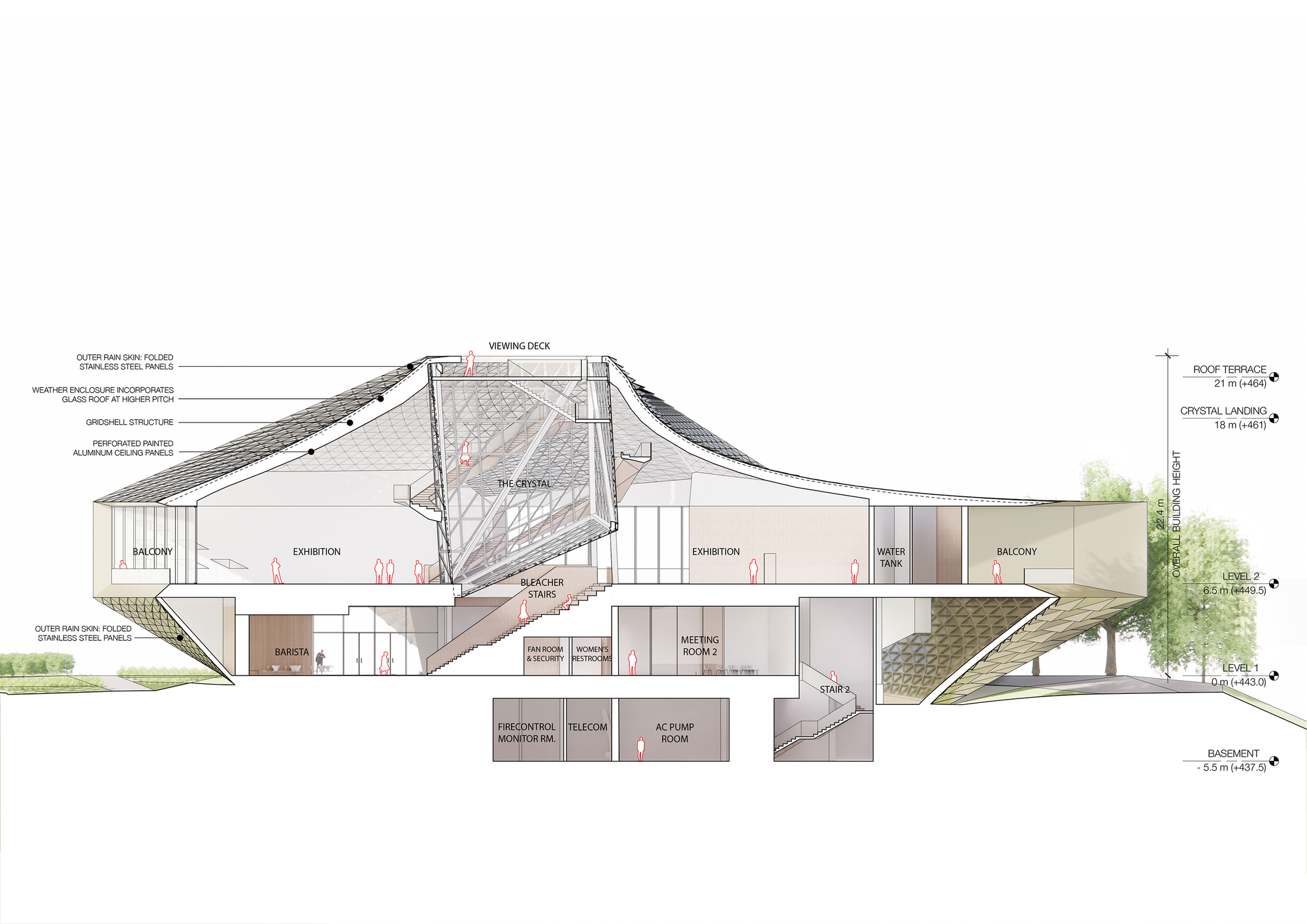 Section drawing cutting through exhibition halls, the angled glass crystal, bleacher stairs and basement rooms, with a tree at right