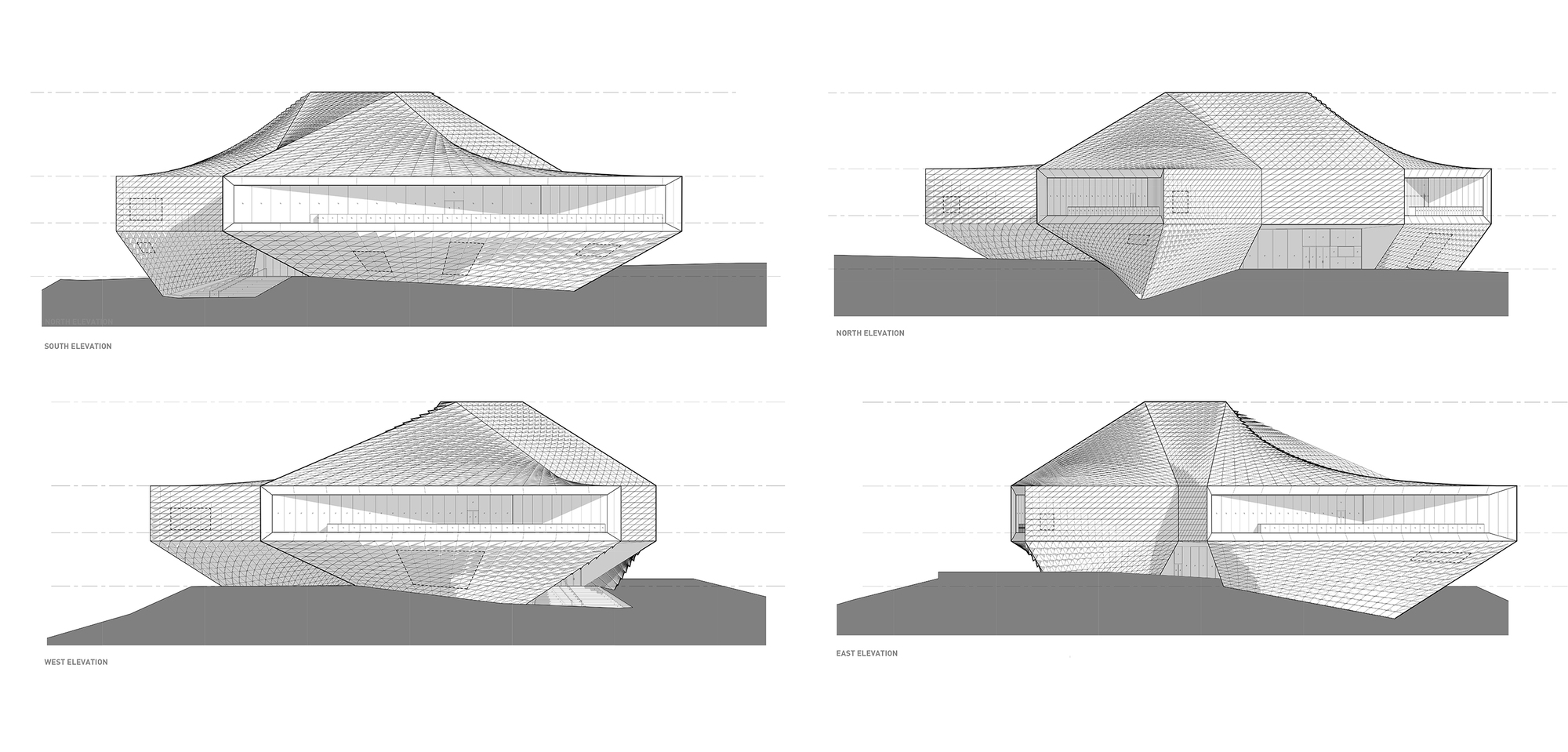 Four elevation drawings, south, north, west and east, showing the faceted panelled roof and long ribbon window over a sloping site