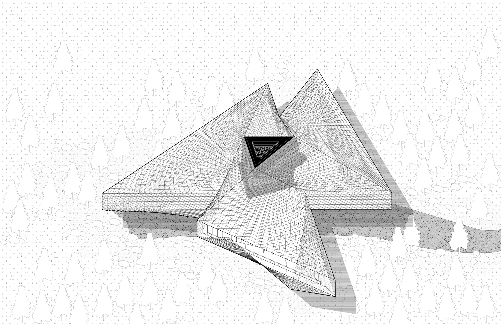 Axonometric drawing of the three-winged pyramidal roof with a dark triangular opening at its center, set among line-drawn conifers and cast shadows