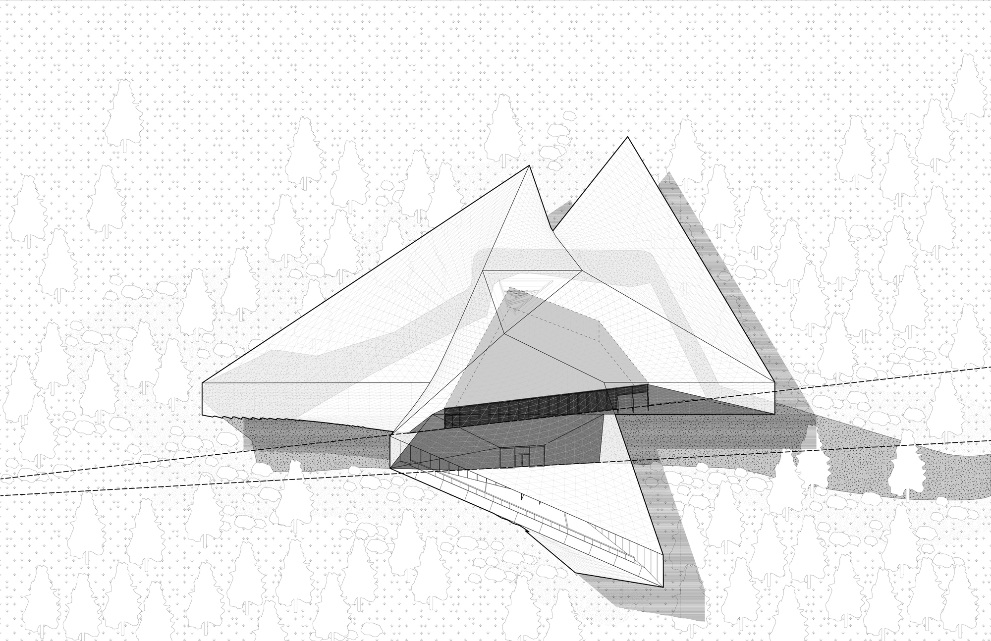 Axonometric drawing of the triangular roof wings with a shaded interior volume visible beneath, and dashed lines crossing the forest of line-drawn trees