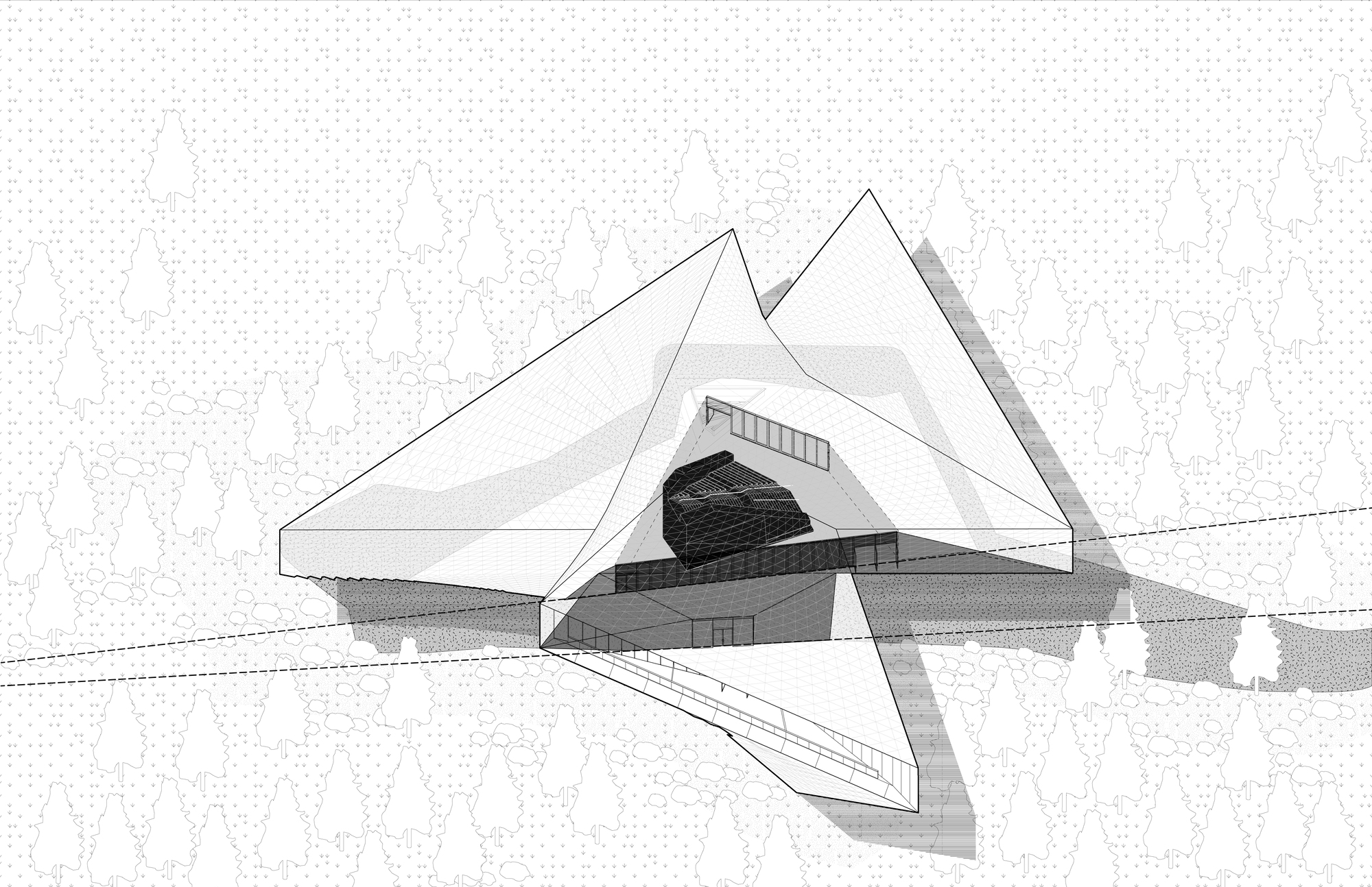 Axonometric drawing showing a dark faceted volume suspended inside the triangular roof wings above a glazed pavilion, with dashed lines across the forest
