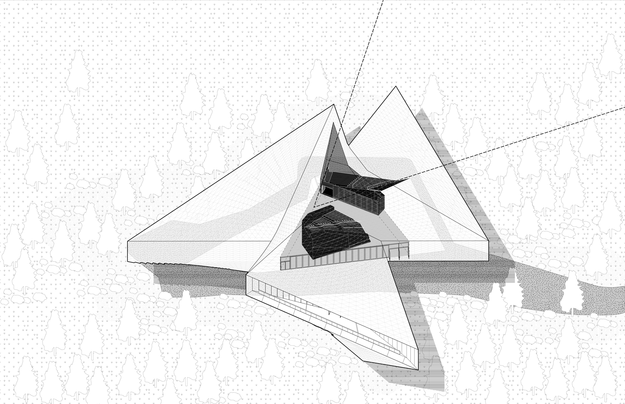 Axonometric drawing with two dark volumes sitting under the open roof wings, and dashed sight lines rising through the central gap