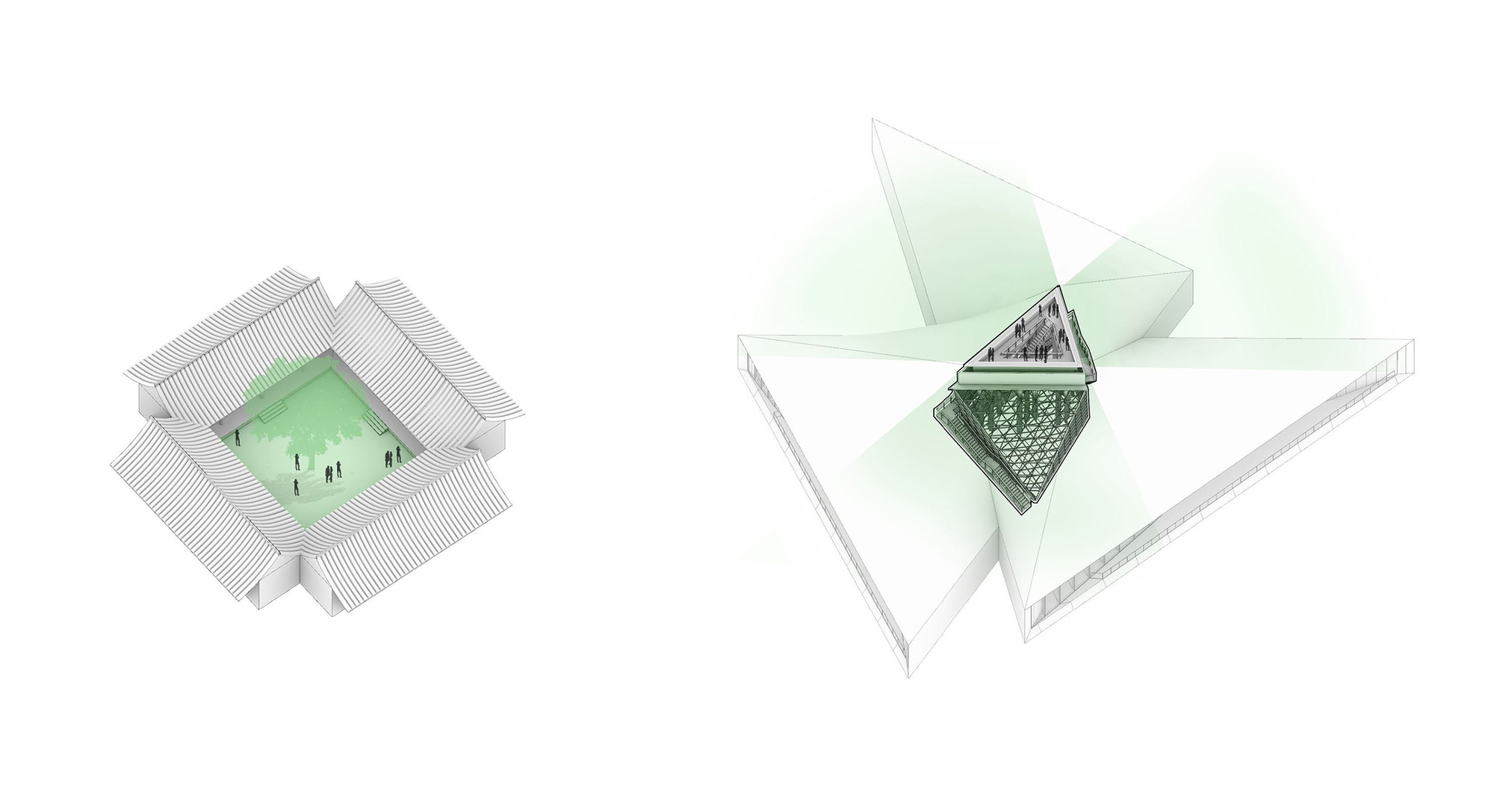 Diagram pair comparing a traditional courtyard house with a green-tinted yard to the triangular roof plan with a central planted atrium