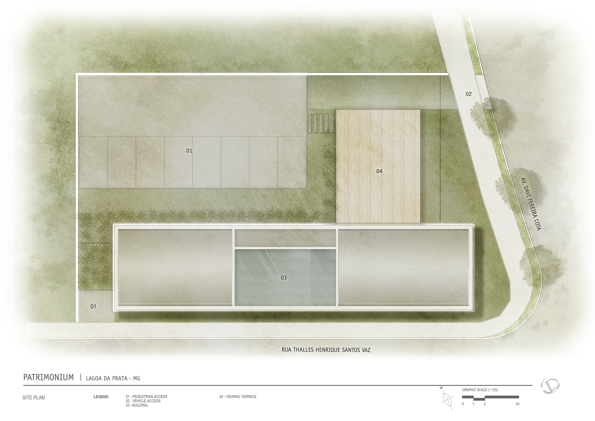 Site plan drawing showing a long rectangular building, a parking area, a timber viewing terrace and the two bordering streets
