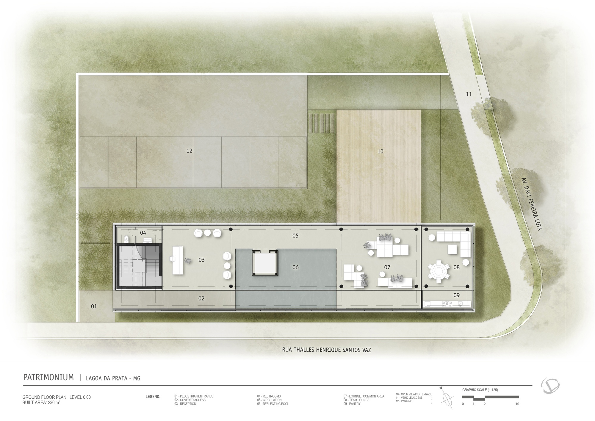 Ground floor plan drawing of a long narrow building on a corner lot, with reflecting pool, reception, lounge and parking beside a street