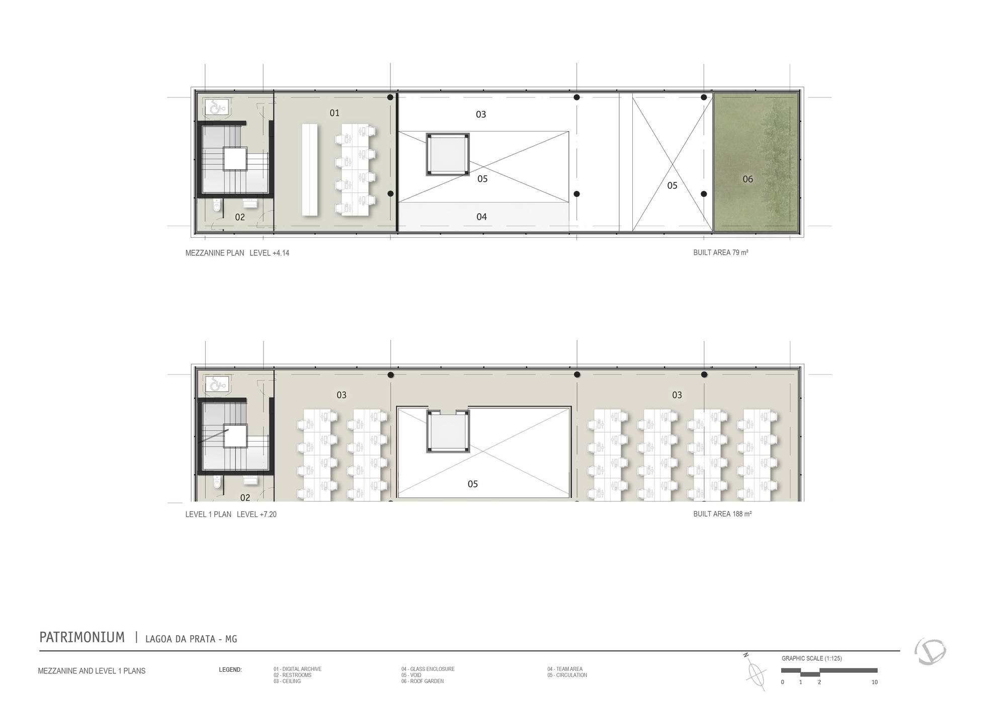 Mezzanine and level 1 plan drawings showing desk rows, a central void, restrooms and a green roof garden at one end