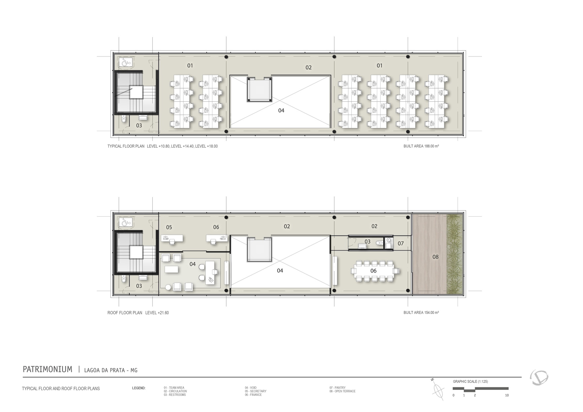 Typical floor and roof floor plan drawings showing team desks around a central void, a meeting room, pantry and open terrace