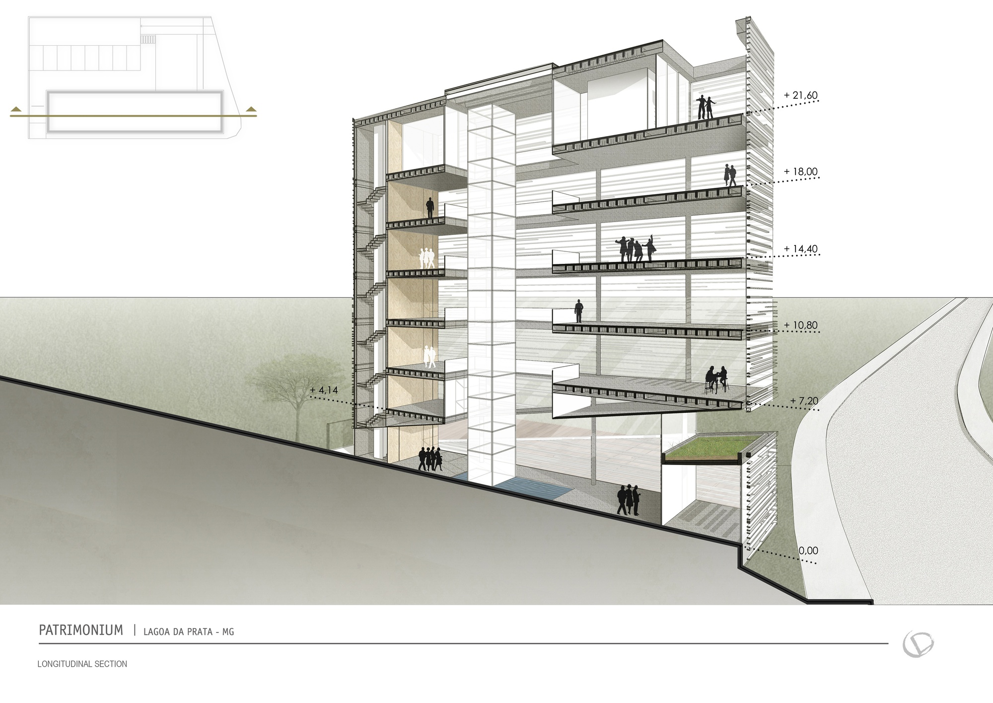 Longitudinal section drawing of the multi-level building on a sloping site, with floor levels labeled, a glass lift core and people on slabs