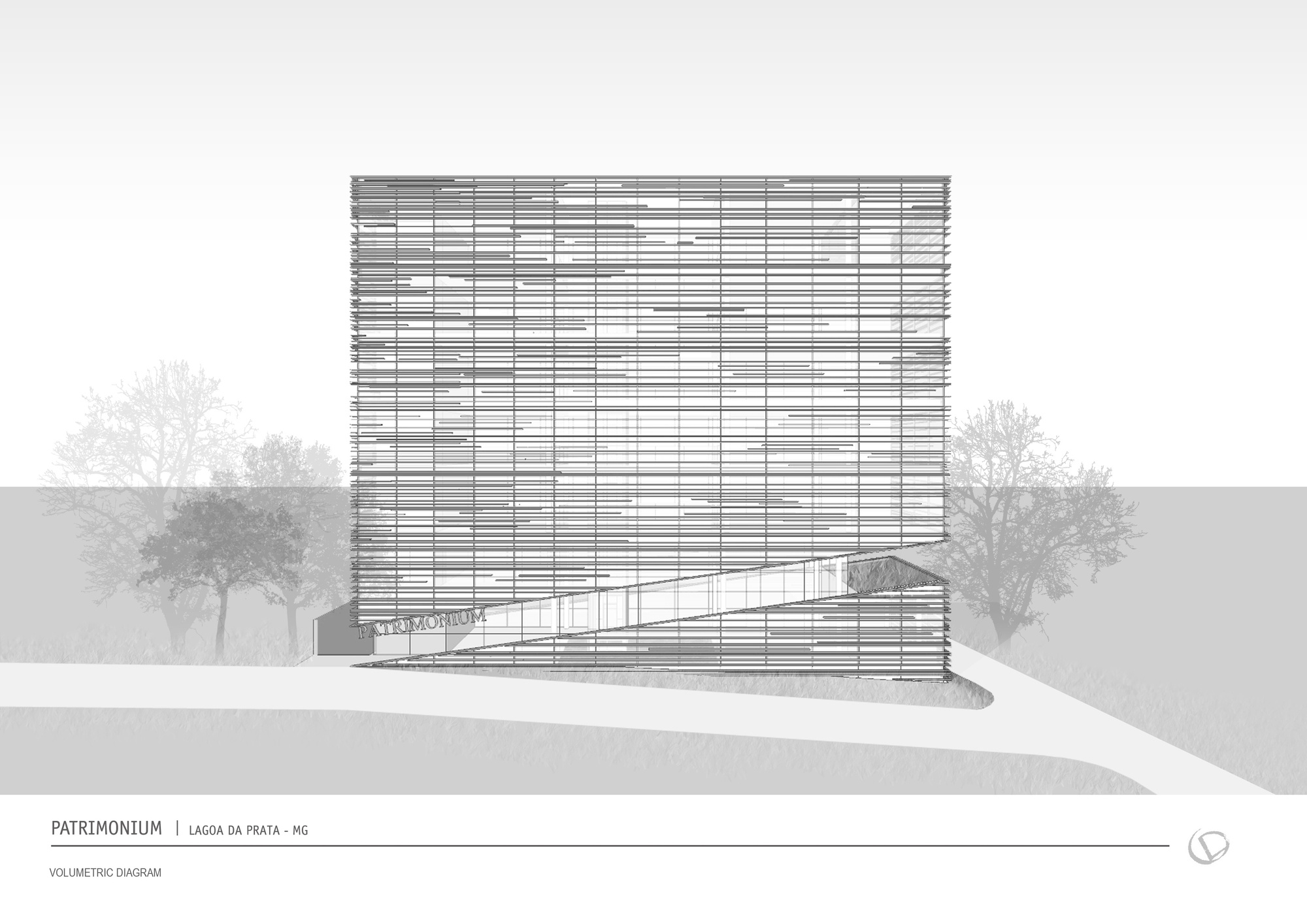 Elevation drawing of a box clad in horizontal louvers, with a diagonal glazed entrance cut and trees on either side