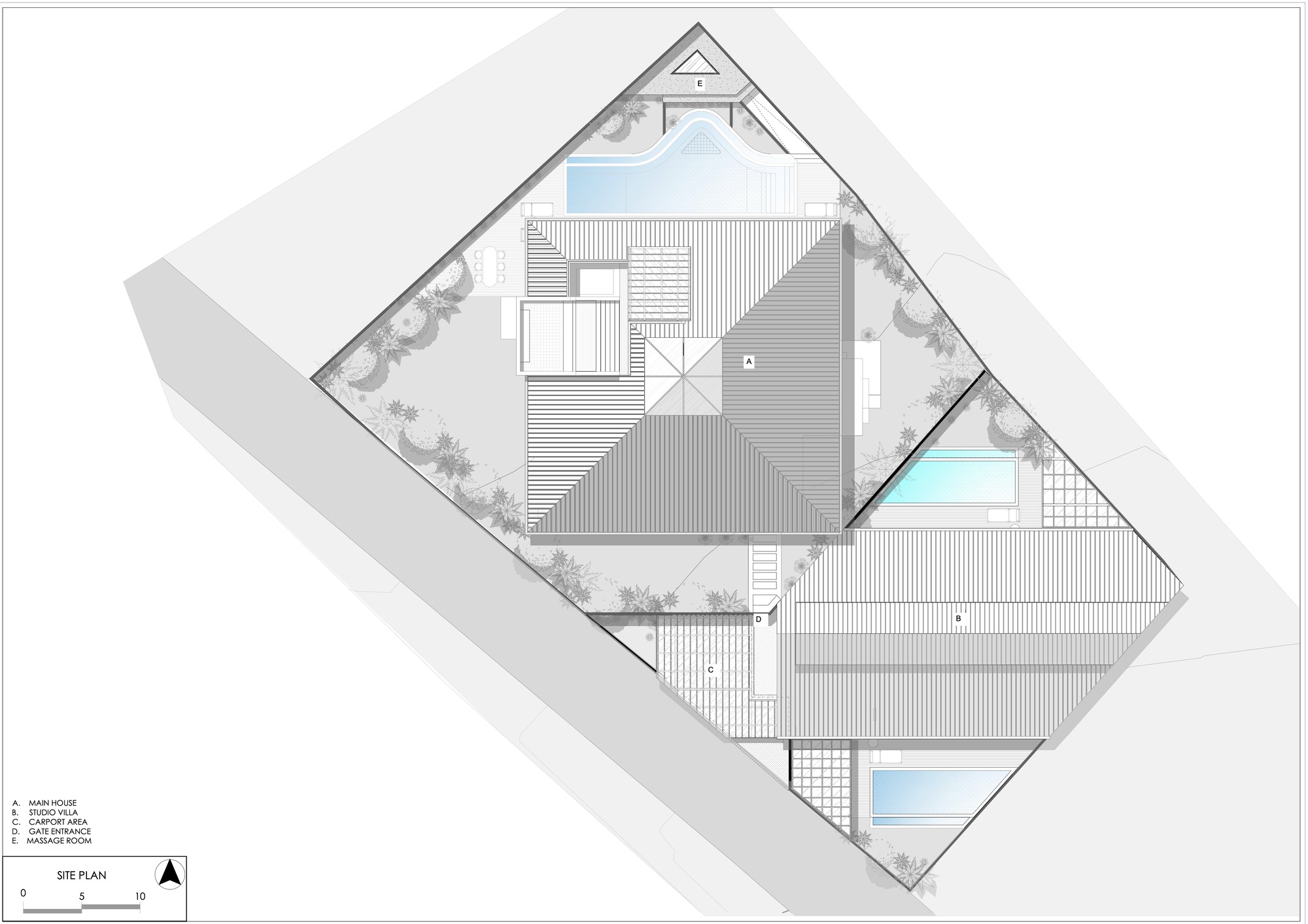 Site plan drawing showing hipped roofs of a main house and studio villa, three pools, carport and gate on a diamond-shaped plot