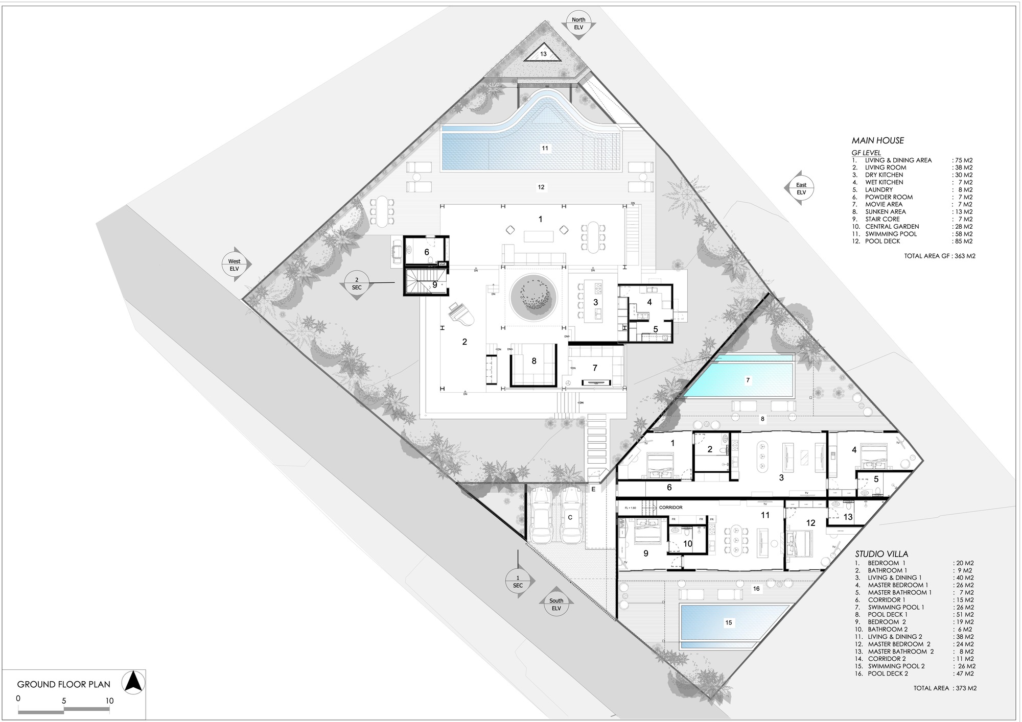 Ground floor plan drawing showing the main house around a central garden, a studio villa with two units, pools and a carport