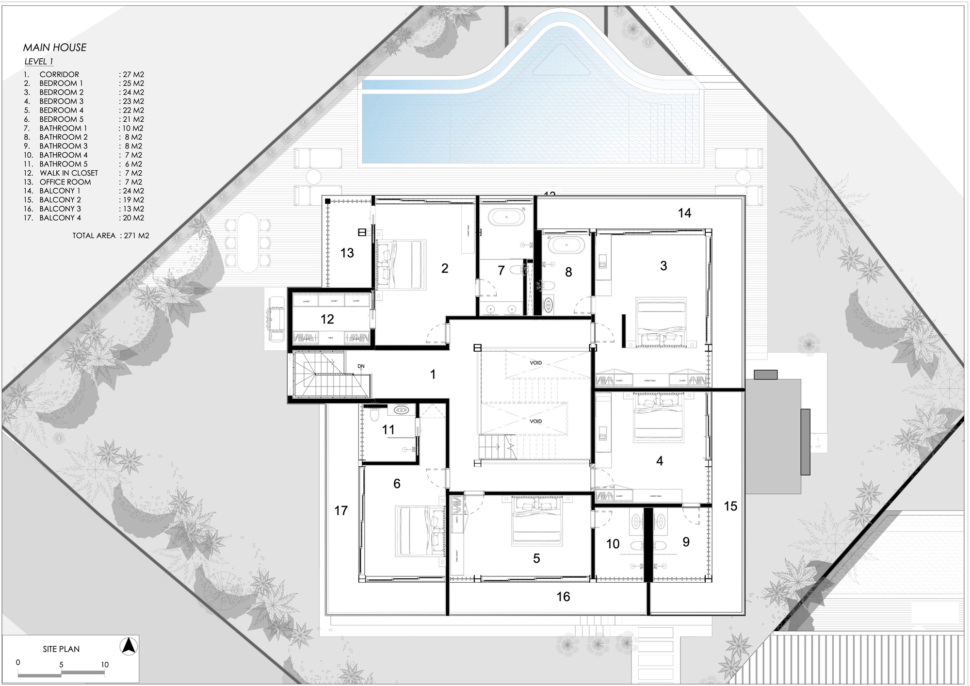 Floor plan drawing of the main house upper level with five bedrooms around a central void, balconies and a pool above
