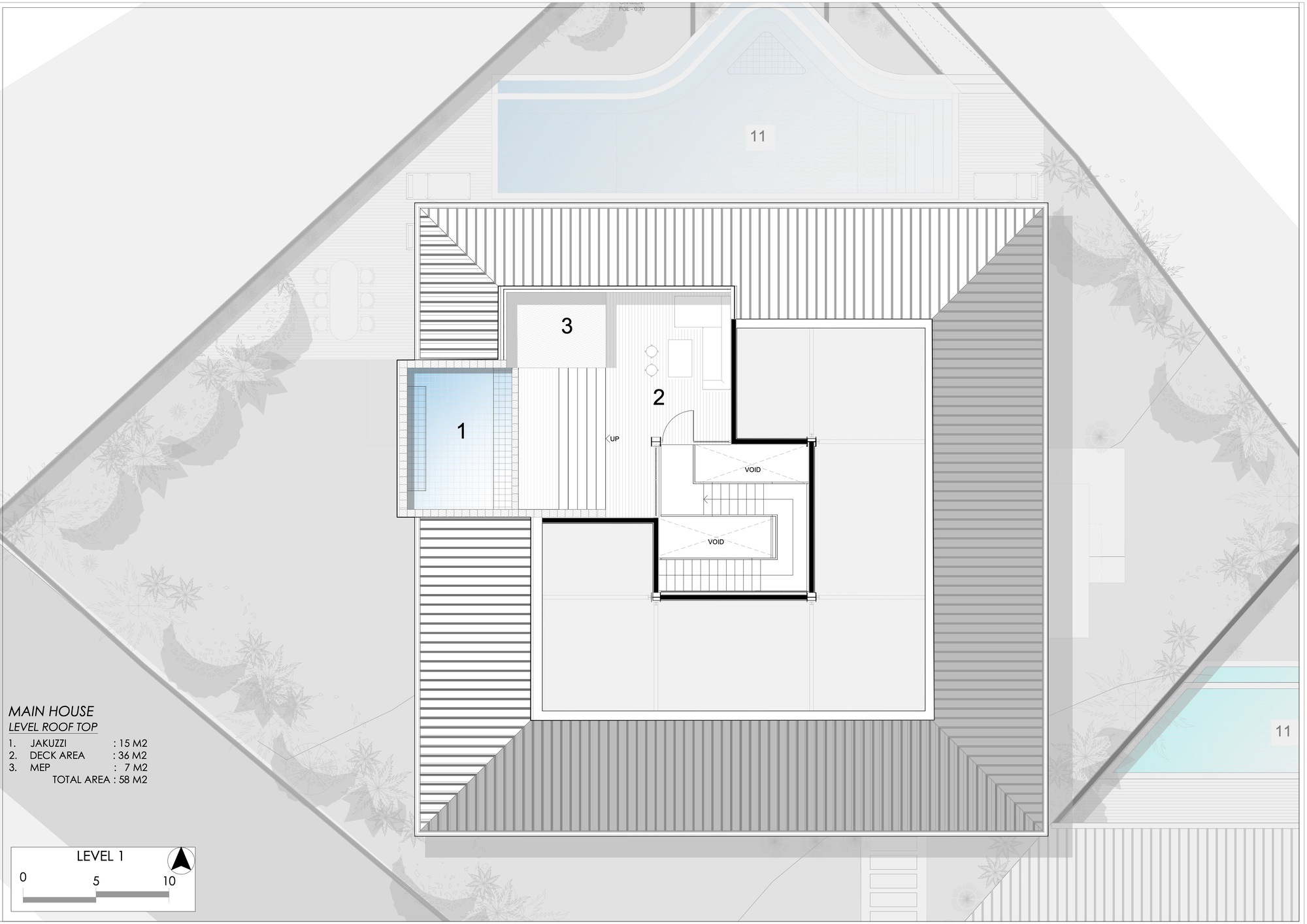 Roof plan drawing showing hipped roof slopes around a rooftop deck, small jacuzzi and stair void, with the pool beyond