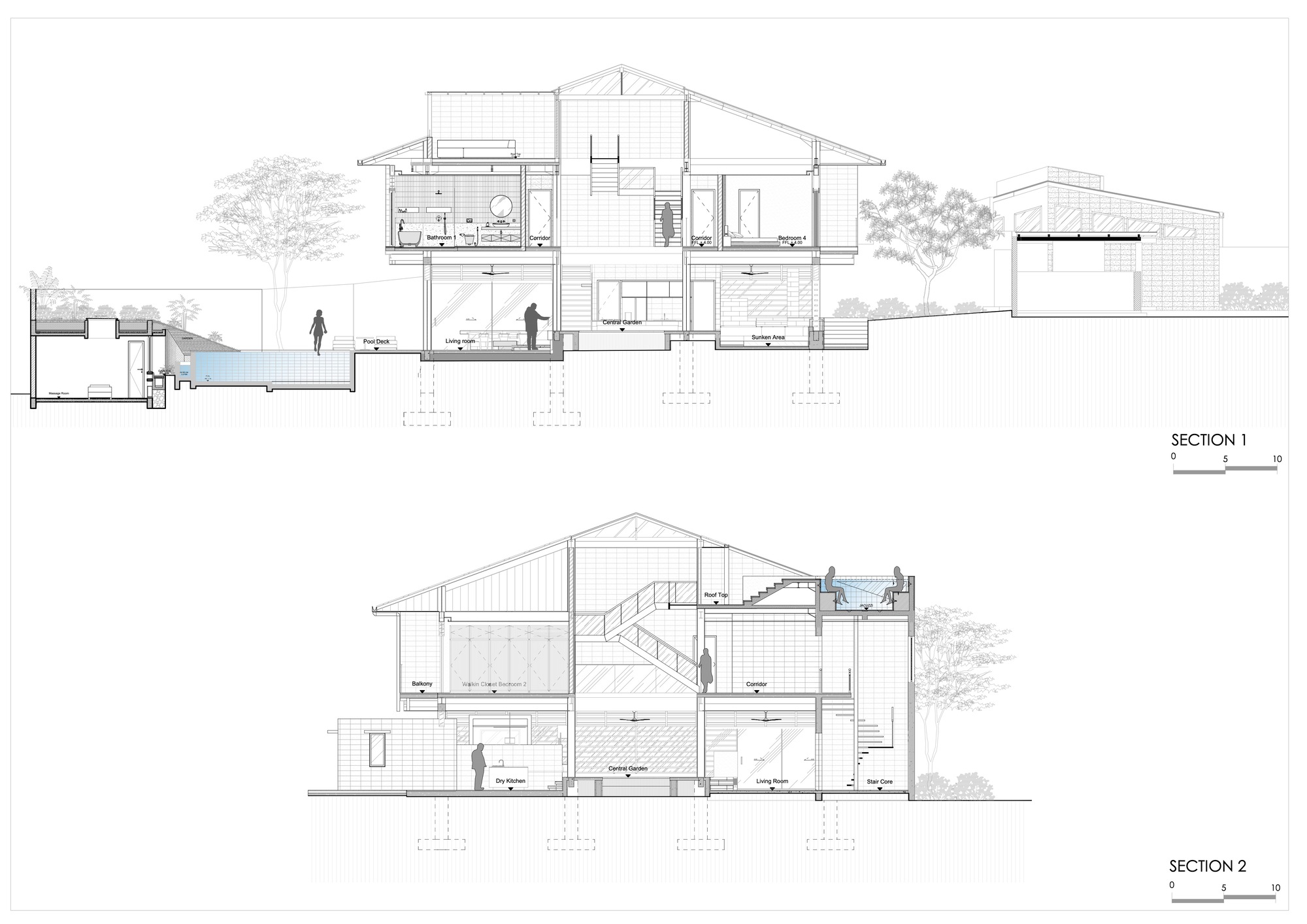Two section drawings cutting through the house, showing the central garden, living room, stair core, rooftop jacuzzi and pool deck, with trees and figures