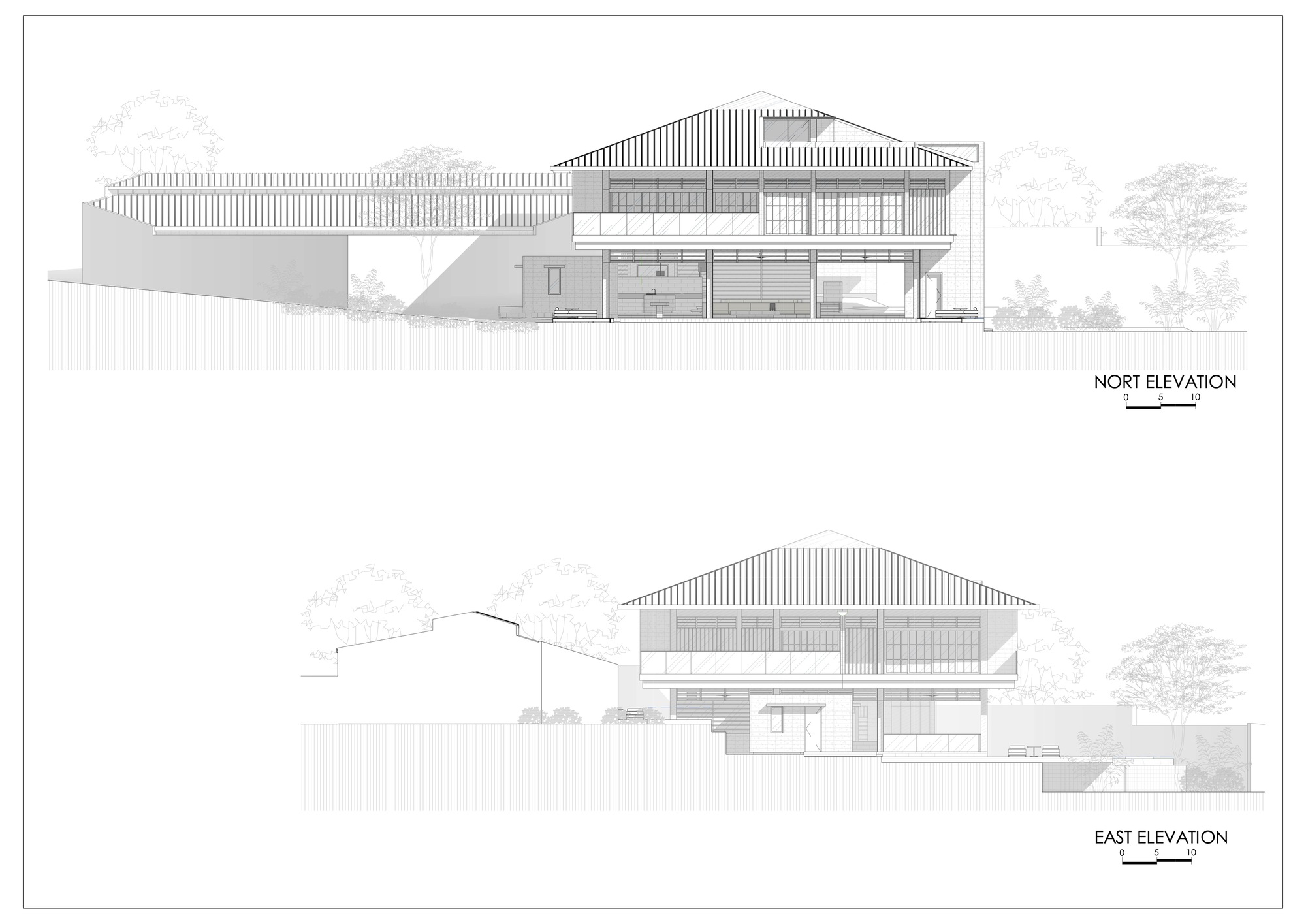 North and east elevation drawings of the hipped-roof house, with a long sloping roof wing and trees along the site edge