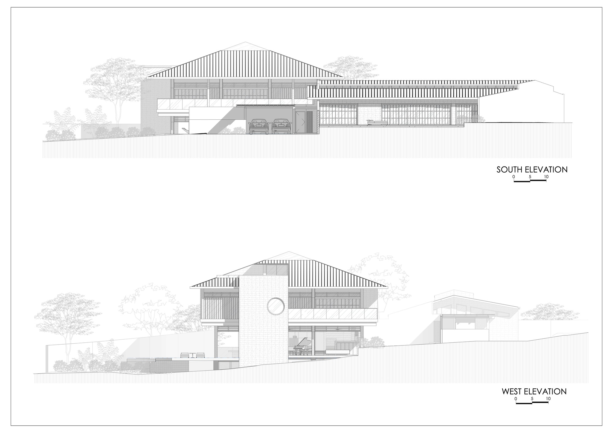 South and west elevation drawings showing the hipped roof, a carport with two cars, a brick tower with round window and a piano inside