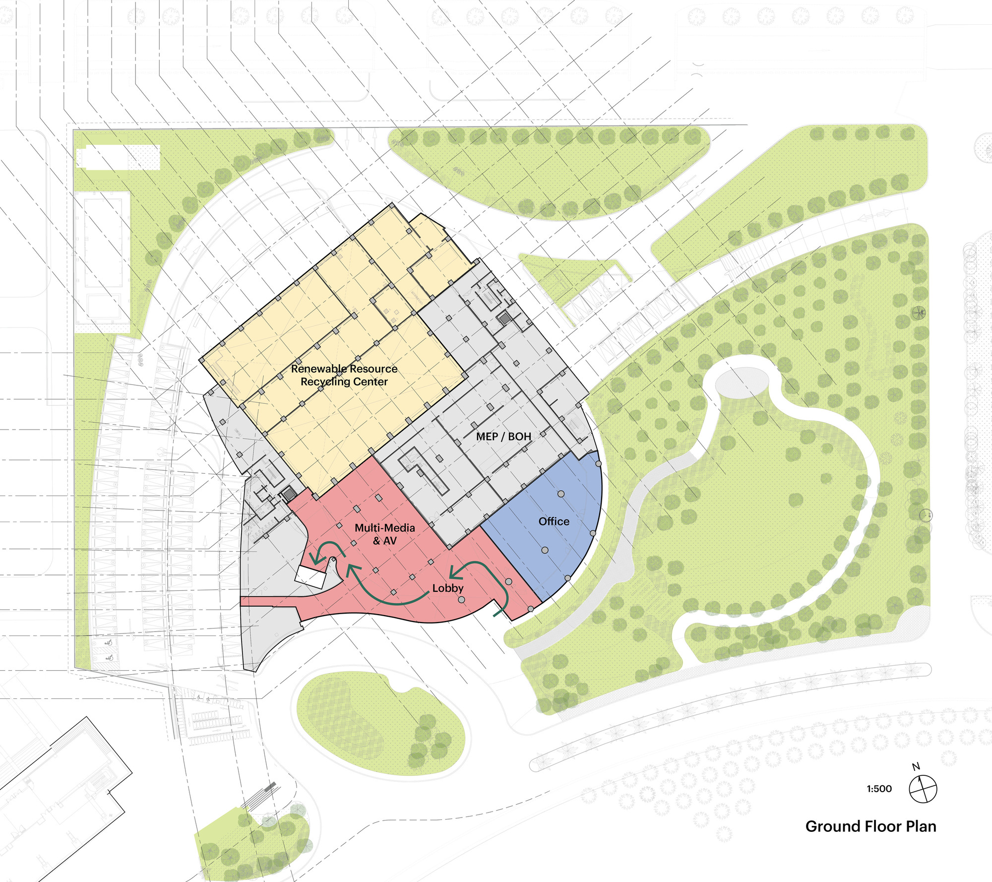 Ground floor plan drawing with color-coded zones for recycling center, lobby, multimedia, office and service areas beside a landscaped park