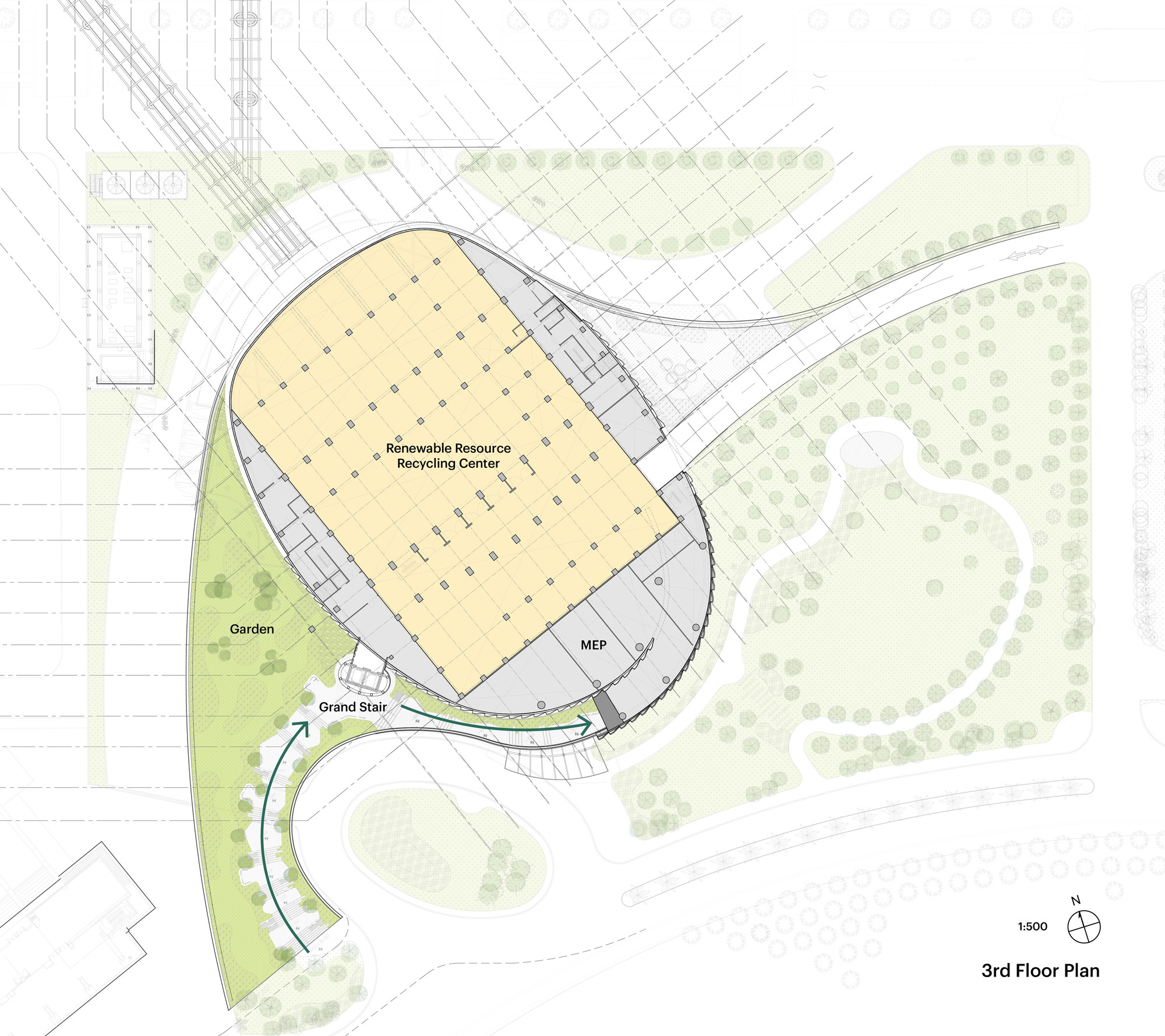 Third floor plan drawing showing the recycling center volume, a garden strip along the west edge and a grand stair path curving up from the entry