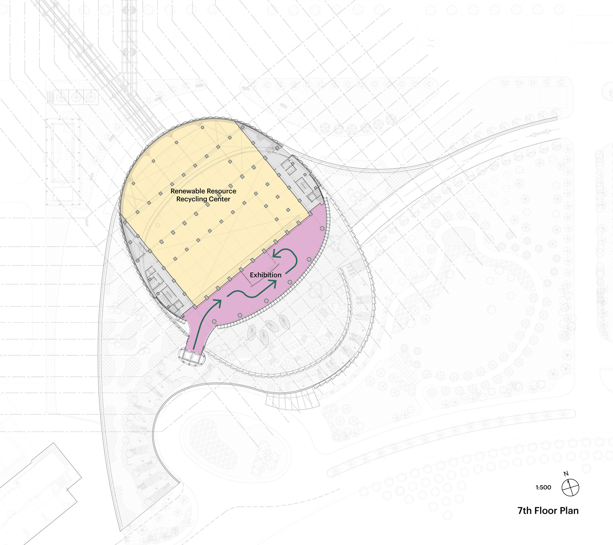Seventh floor plan drawing showing a curved exhibition zone in purple with a circulation path winding along the south side of the plant