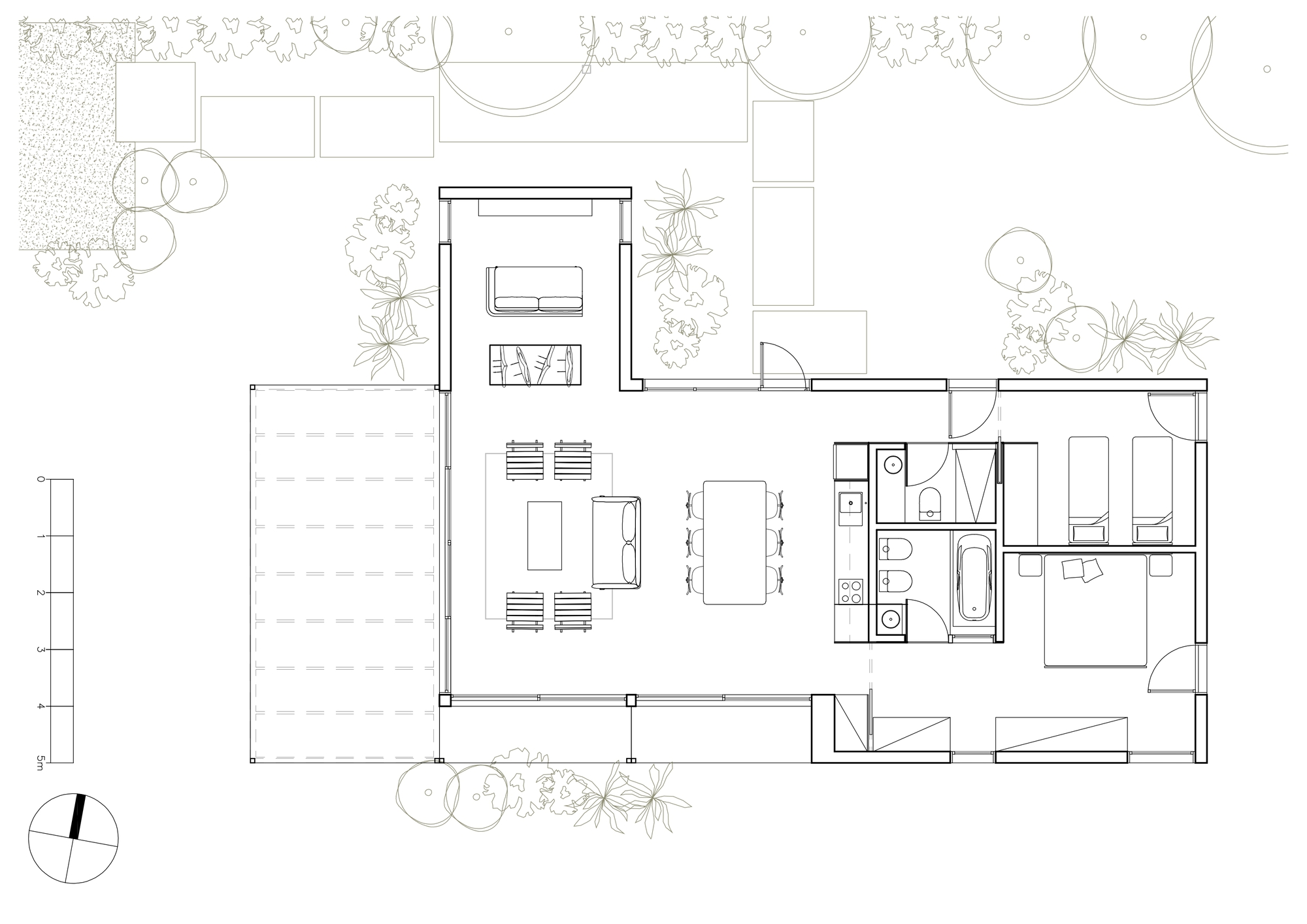 Floor plan drawing showing an open living area, kitchen, bathrooms and two bedrooms, with a deck and planting around the edges