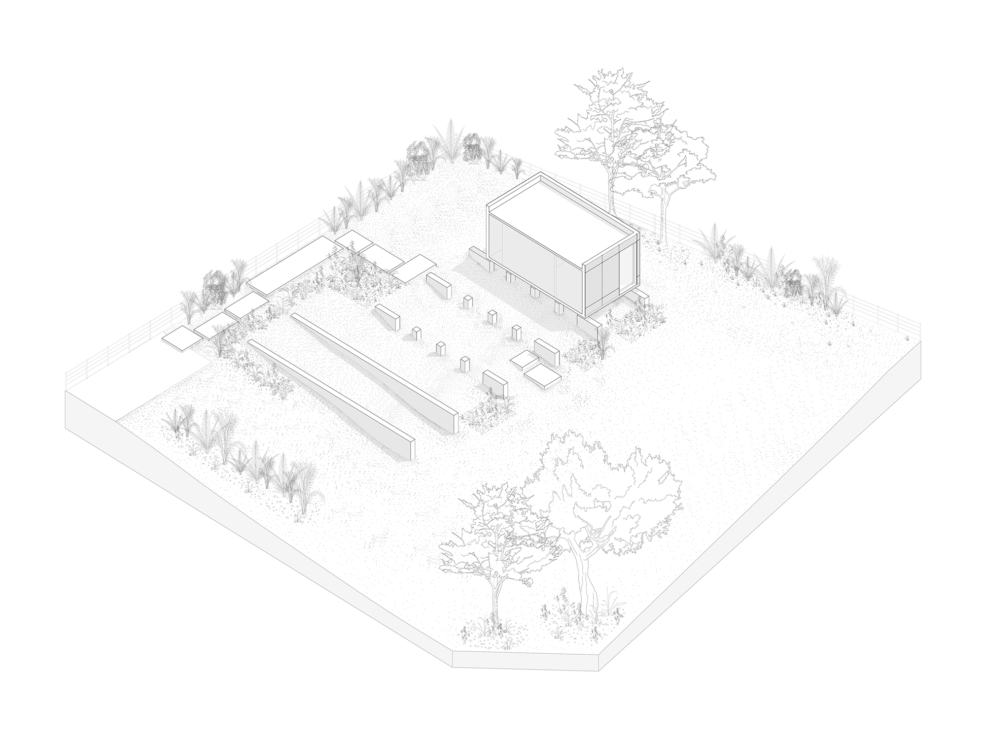 Axonometric drawing of a single raised box volume on pilotis, with sloped retaining walls, stepping stones and a row of small piers