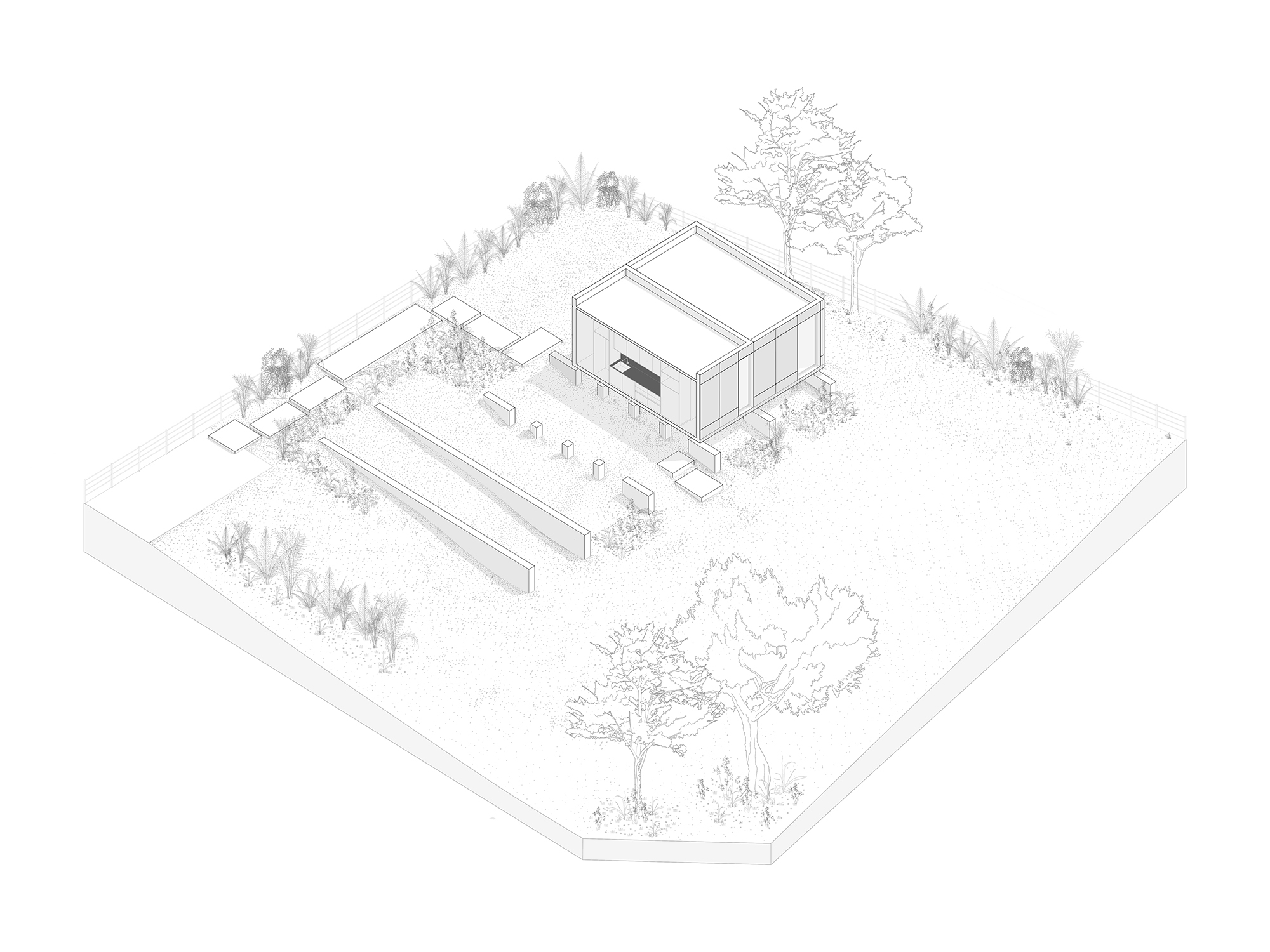 Axonometric drawing of the house expanded to two bays on stilts, with a framed opening, sloped walls and garden planting