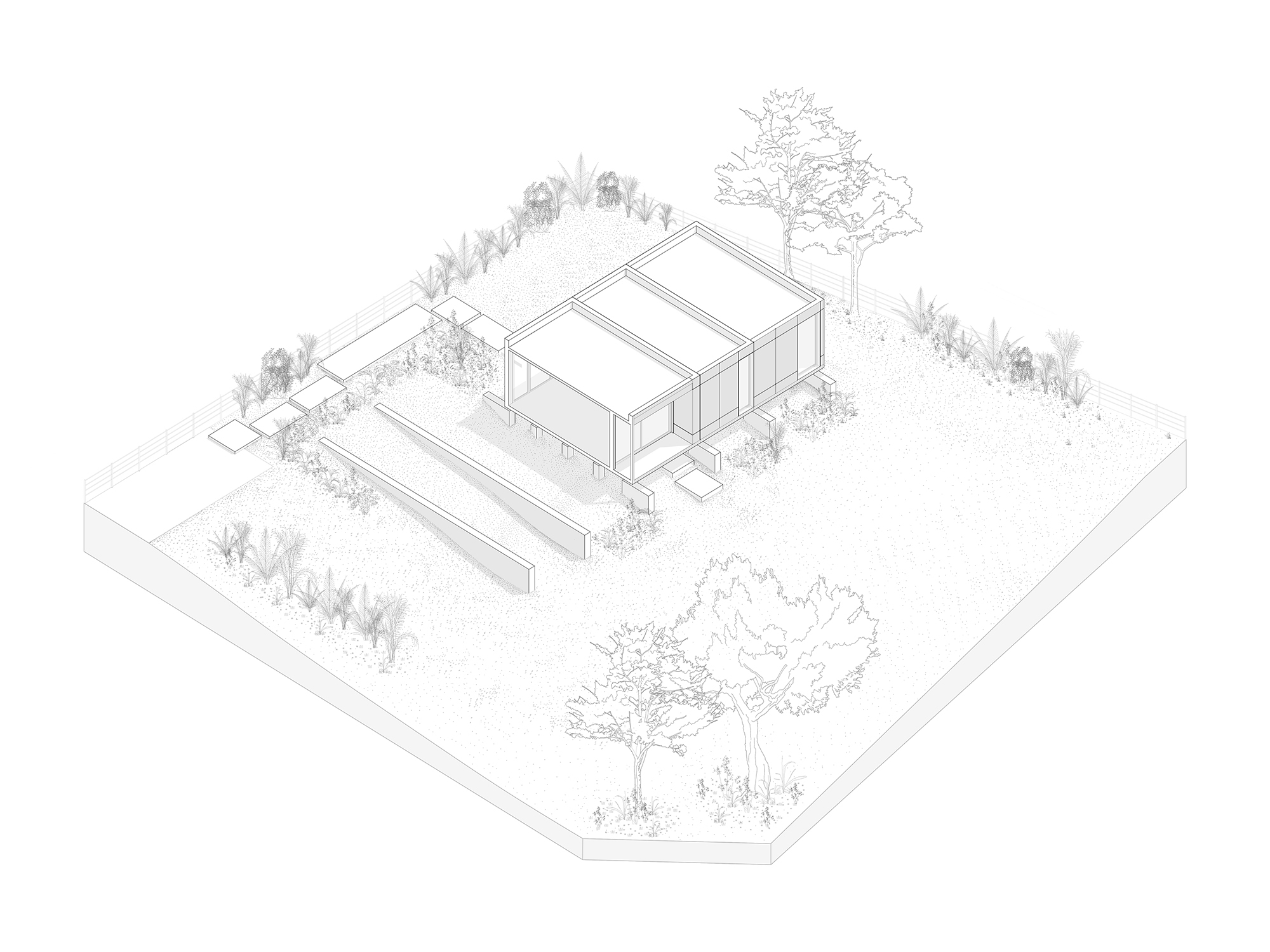 Axonometric drawing of the full three-bay house on stilts with an open covered porch, sloped walls and stepping stones across the garden