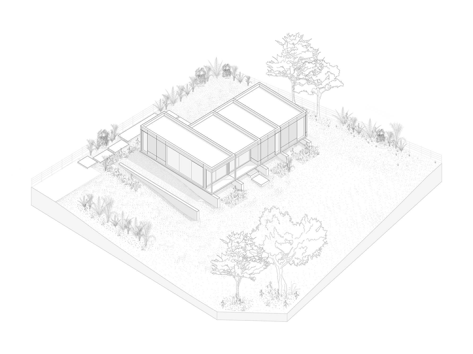 Axonometric drawing of a single-storey pavilion with four parallel flat roof bays, set on a landscaped plot with trees and grasses