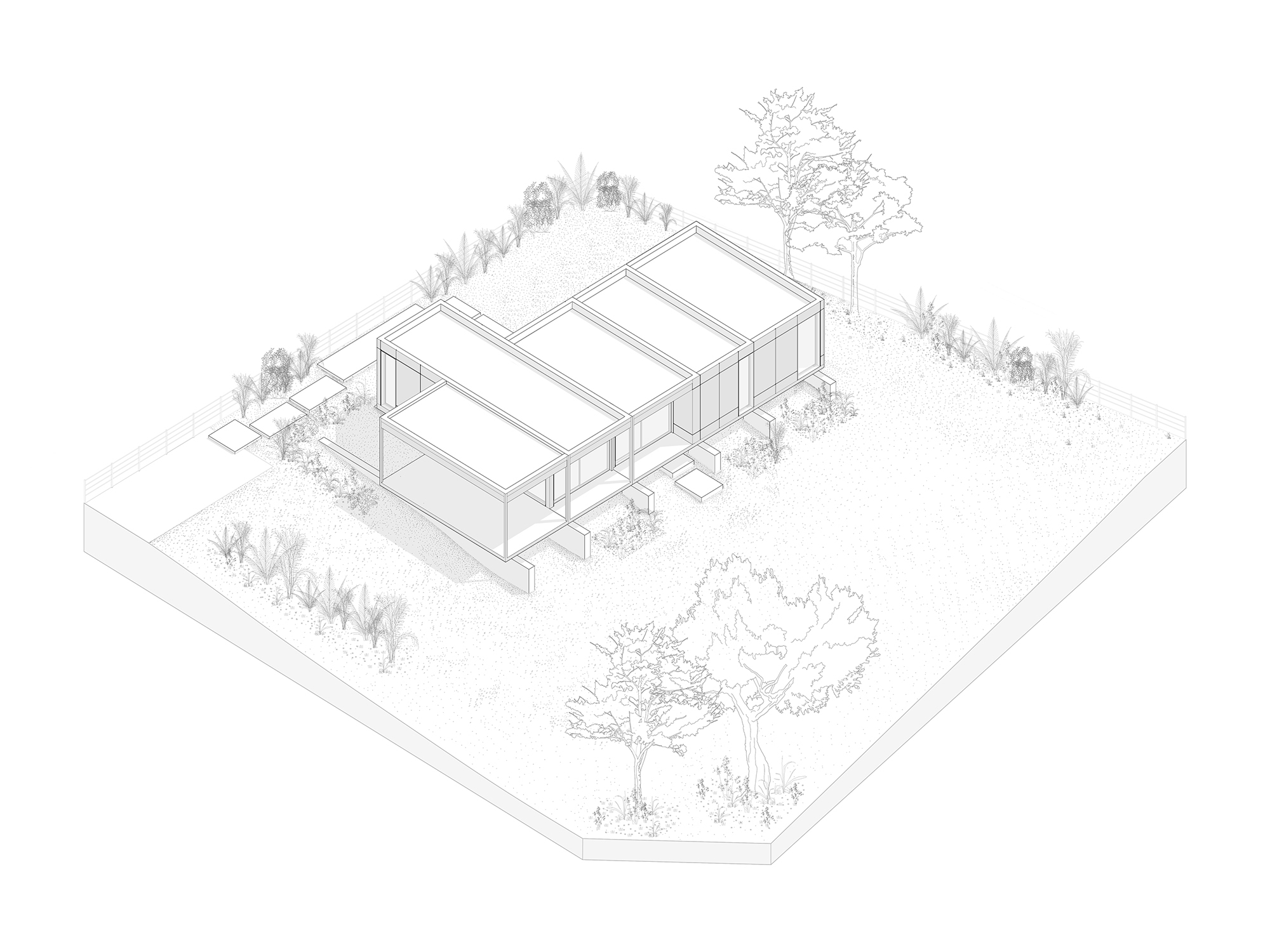 Axonometric drawing of the same pavilion with one bay opened at the front, showing columns and a recessed terrace among trees