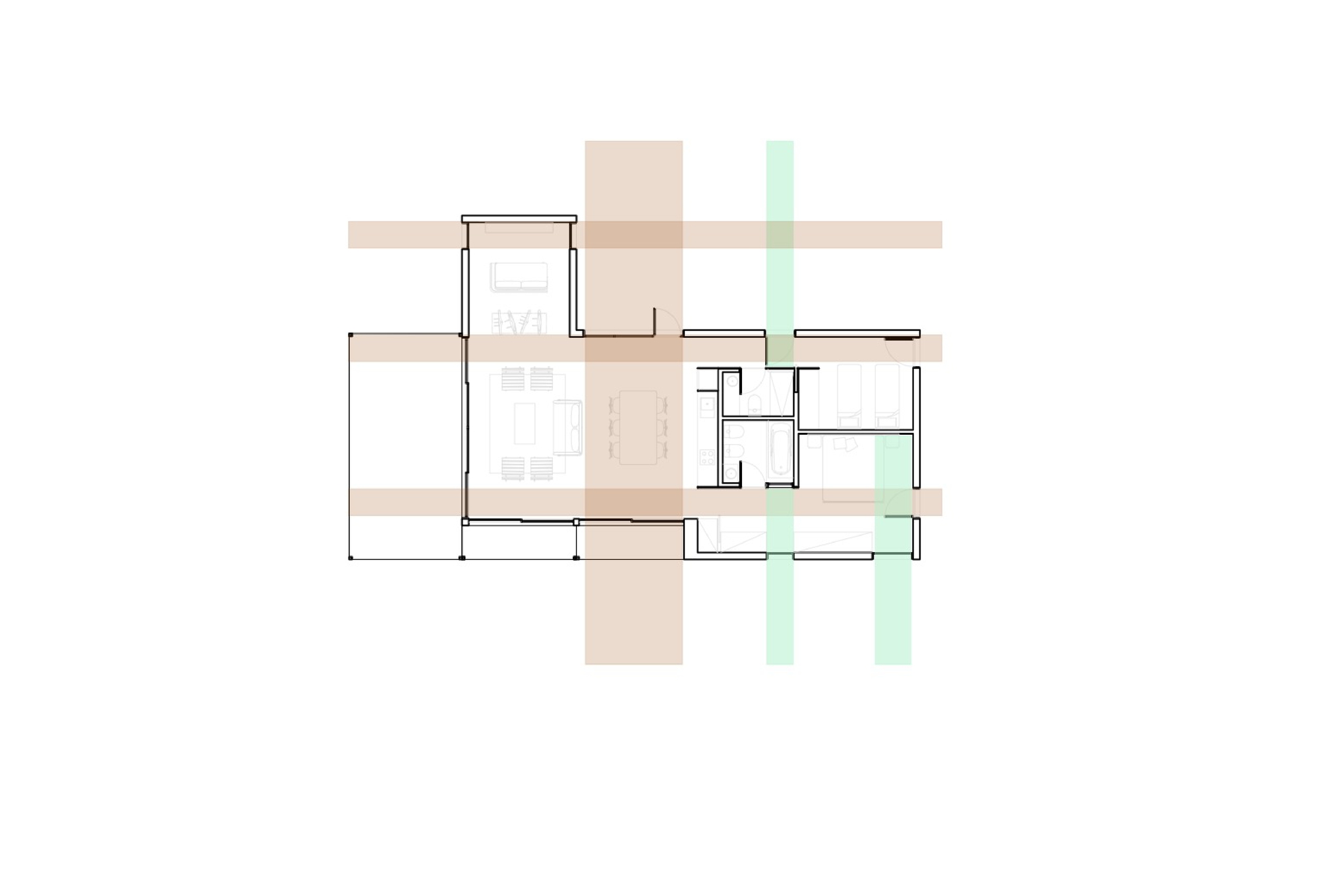 Floor plan drawing with brown and green bands marking structural grid lines across living space, bathrooms and bedrooms