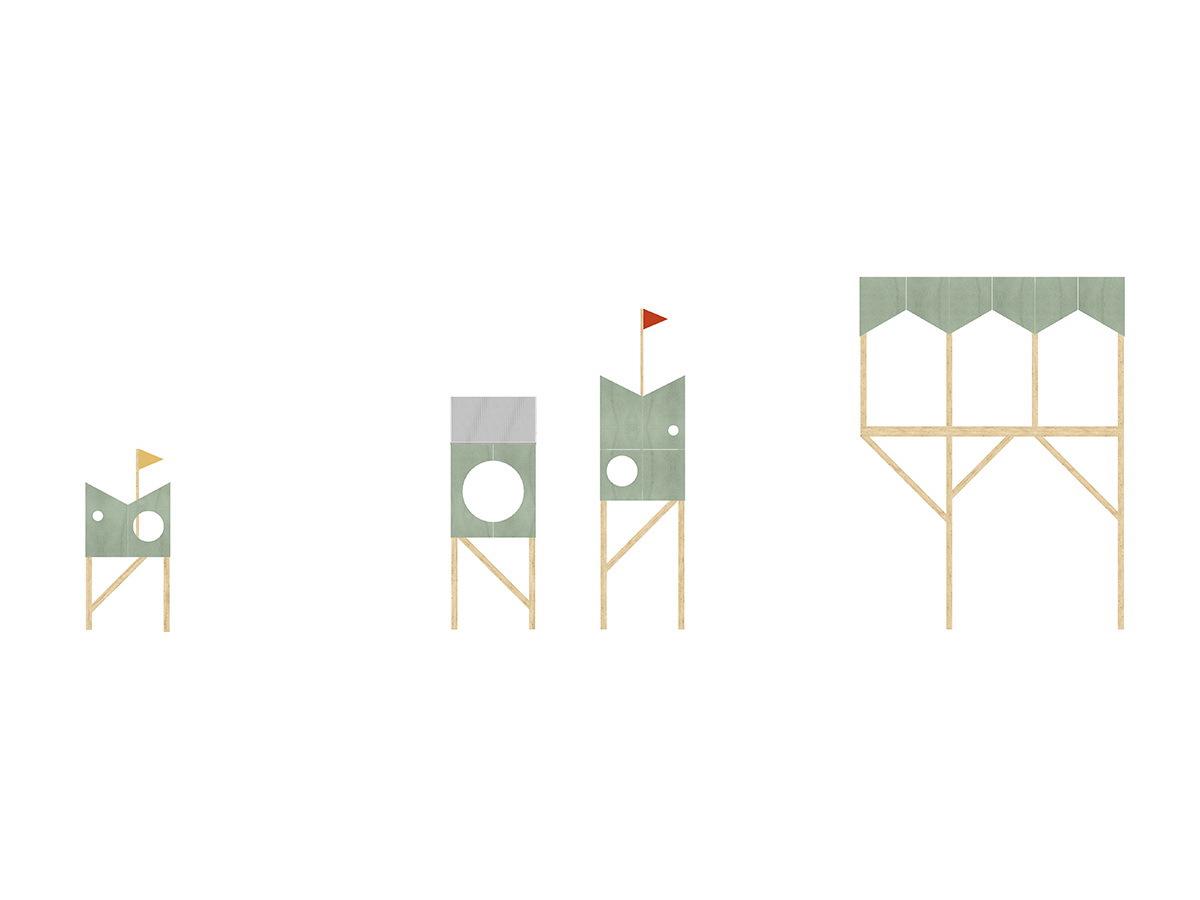 Elevation drawing of four timber-legged green-panelled treehouse towers with round openings and small flags, increasing in scale from left to right